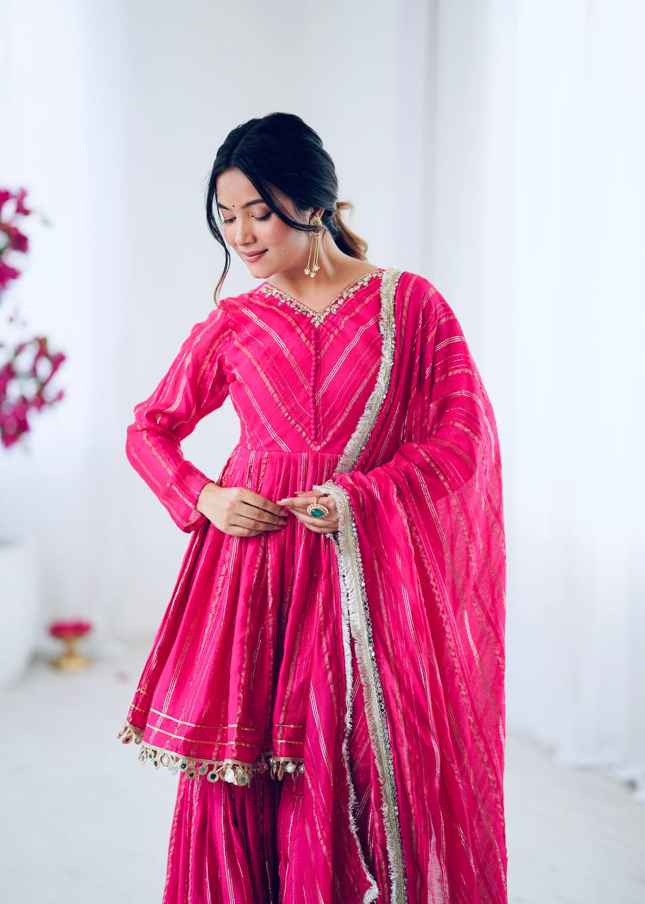 Designer Mal Chanderi Top with Sharara Plazzo & Dupatta – Mirror Work & Hand Embroidery