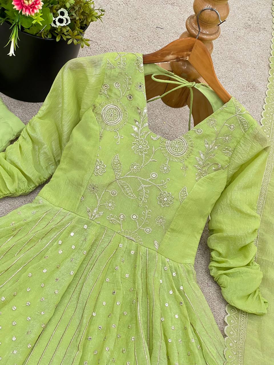 Designer Anarkali Gown Set with Pant & Dupatta – Crunchy Silk with Embroidery & Sequence Work
