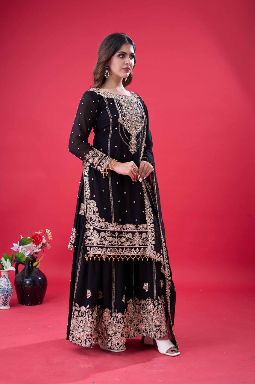 Designer Faux Georgette Top & Plazzo Set with Dupatta – Heavy Embroidery, Dori & Sequence Work