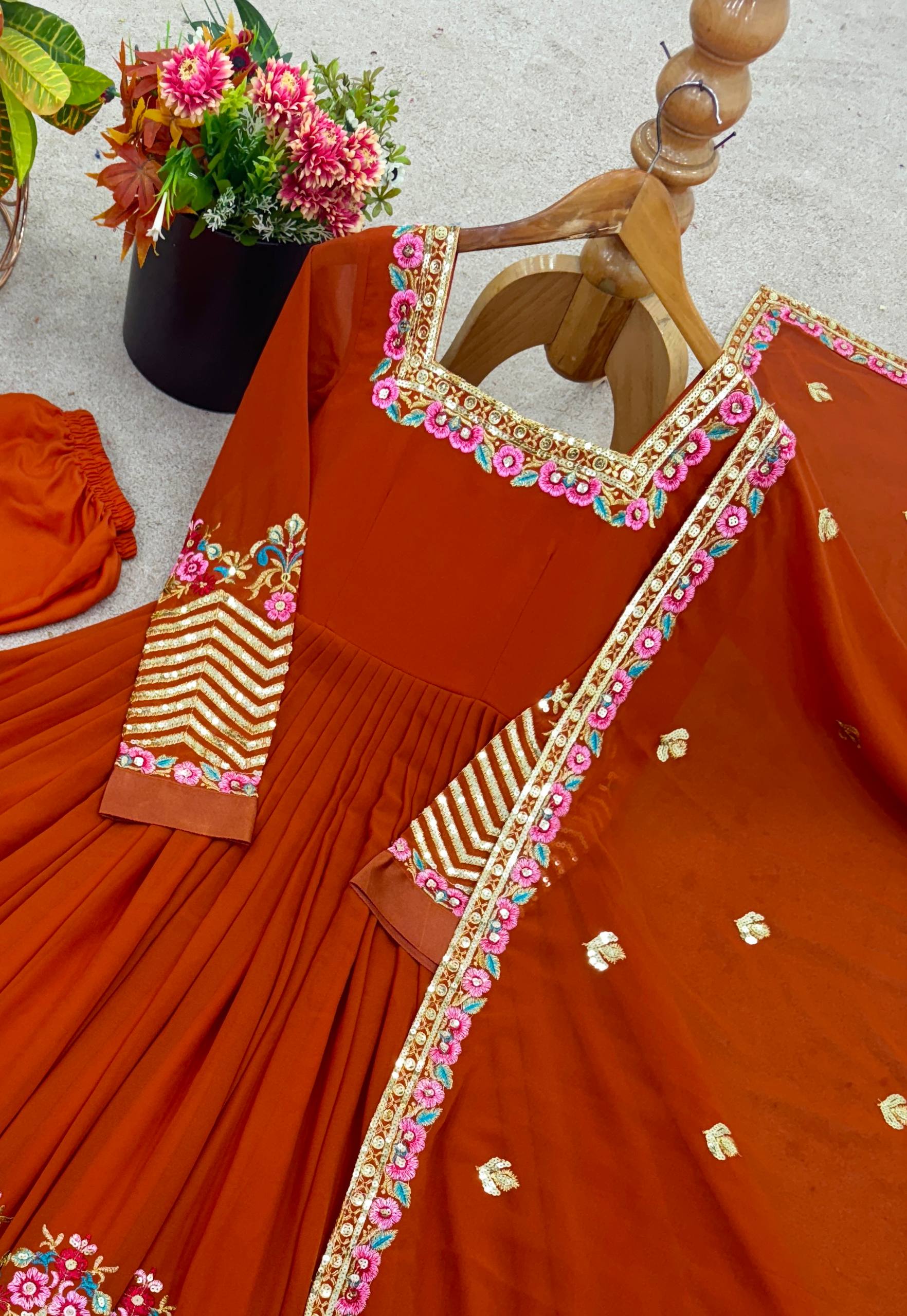 Designer Heavy Georgette Gown Set with Bottom & Dupatta – Multi Thread Embroidery & Sequence Work
