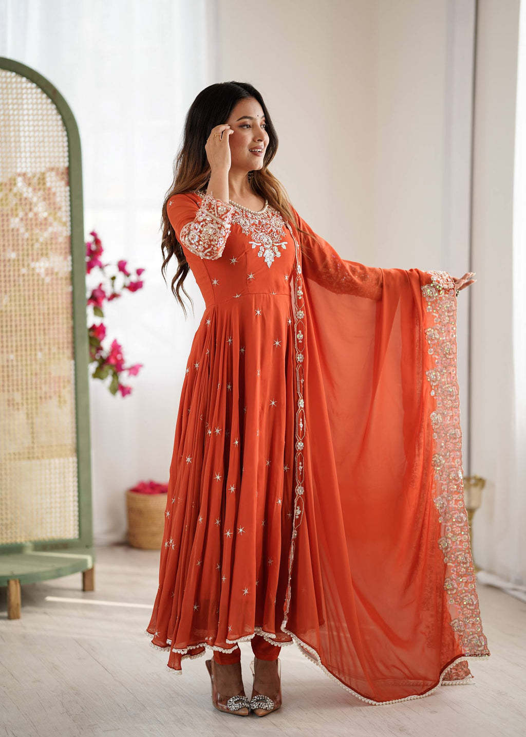 Anarkali Gown Set with Bottom & Dupatta – Heavy Embroidery, Rainbow Sequence & Moti Work