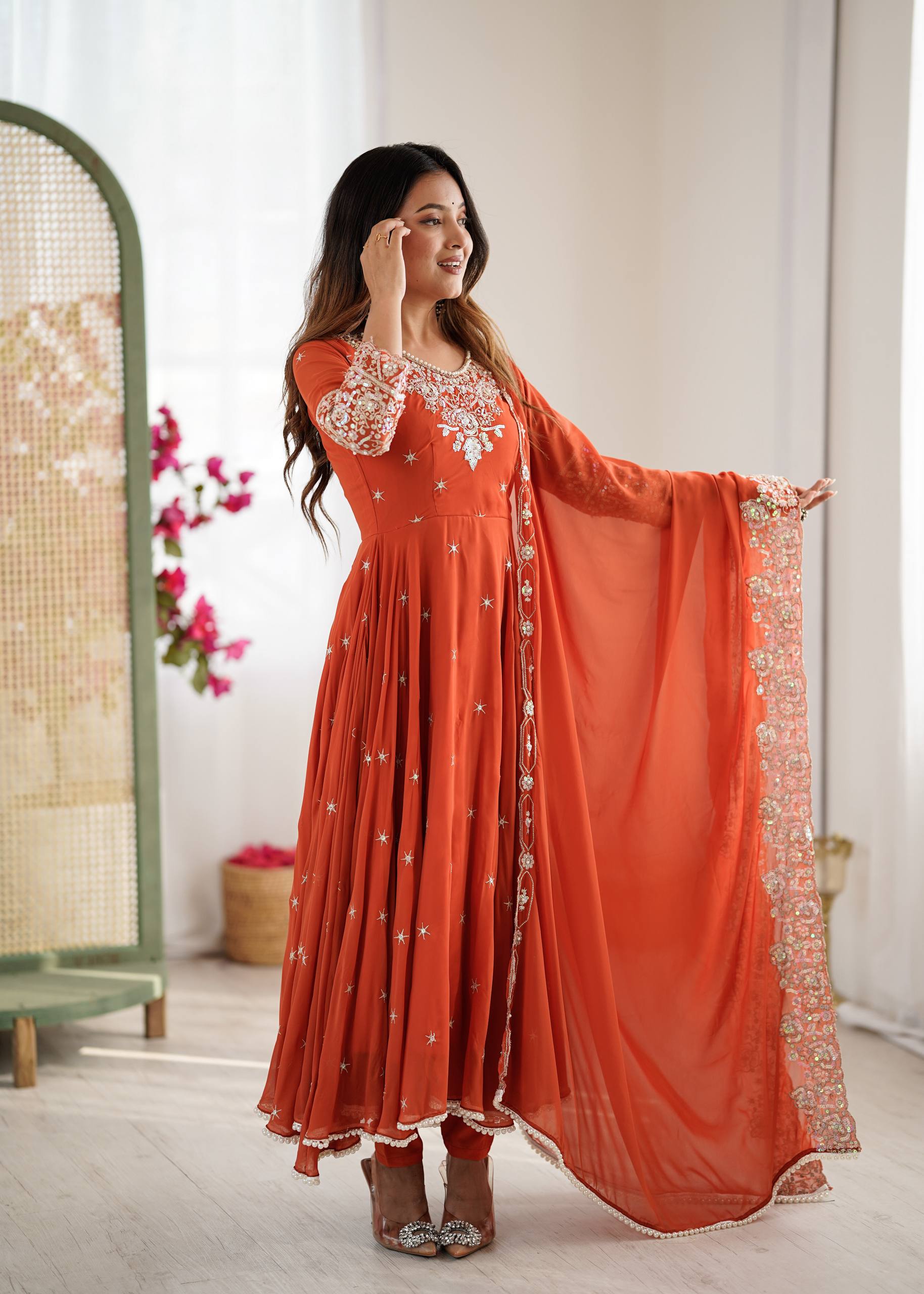 Anarkali Gown Set with Bottom & Dupatta – Heavy Embroidery, Rainbow Sequence & Moti Work