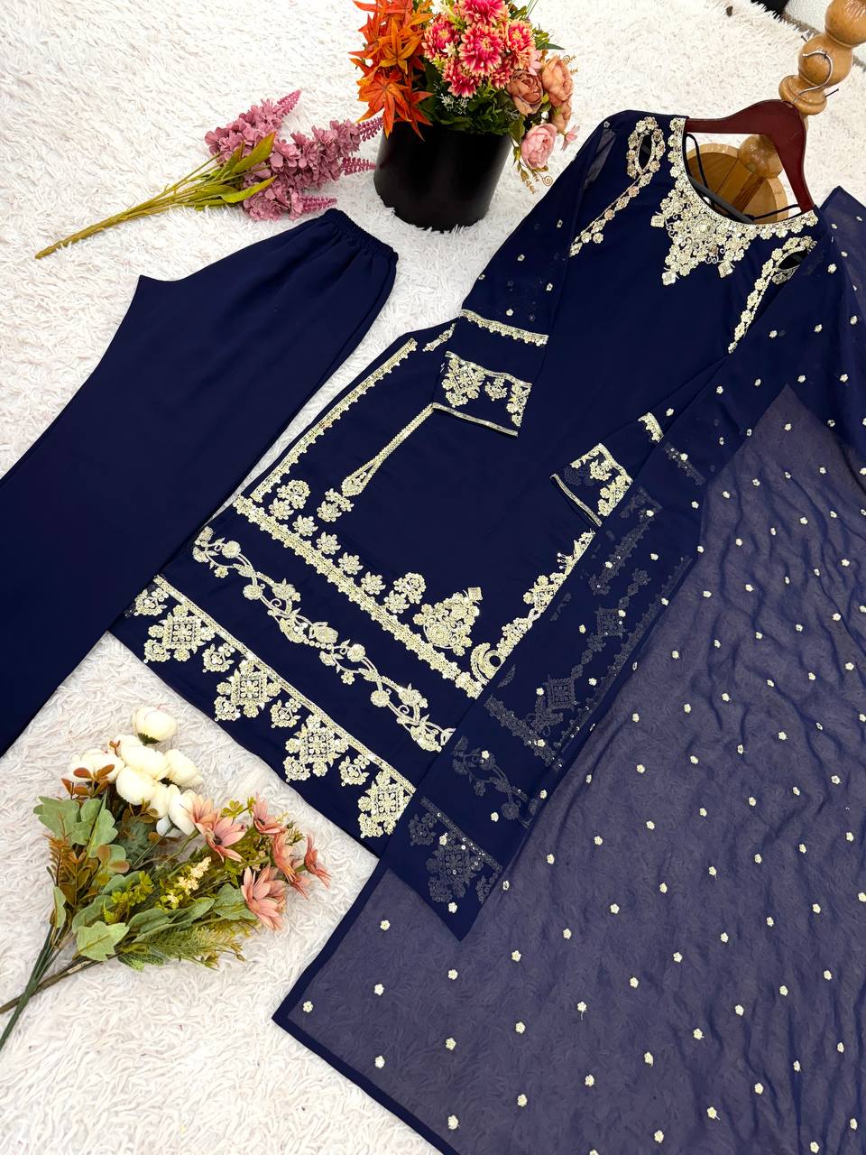 Designer Faux Georgette Top & Bottom Set with Dupatta – Heavy Embroidery & Sequence Work
