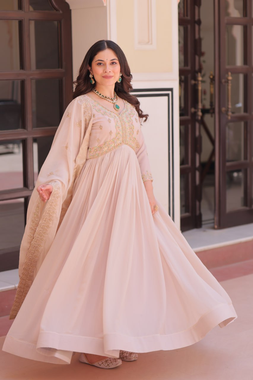 Cream Star Georgette Gown with Dupatta – Beads & Sequins Multi-Embroidery