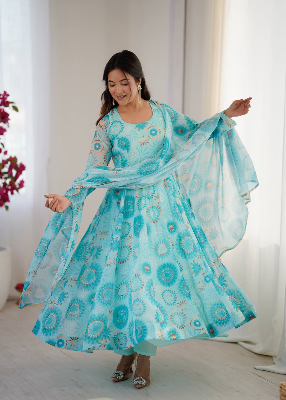 Womens Blue Printed Anarkali Kurta With Trousers & Dupatta