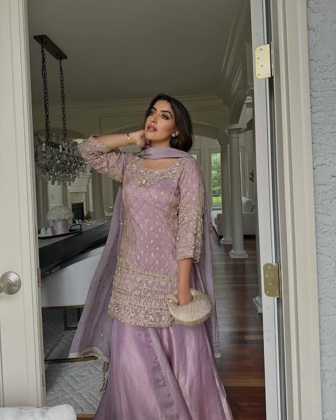 Premium Baby Pink Cosmos Silk Sequin & Zari Work Palazzo Set