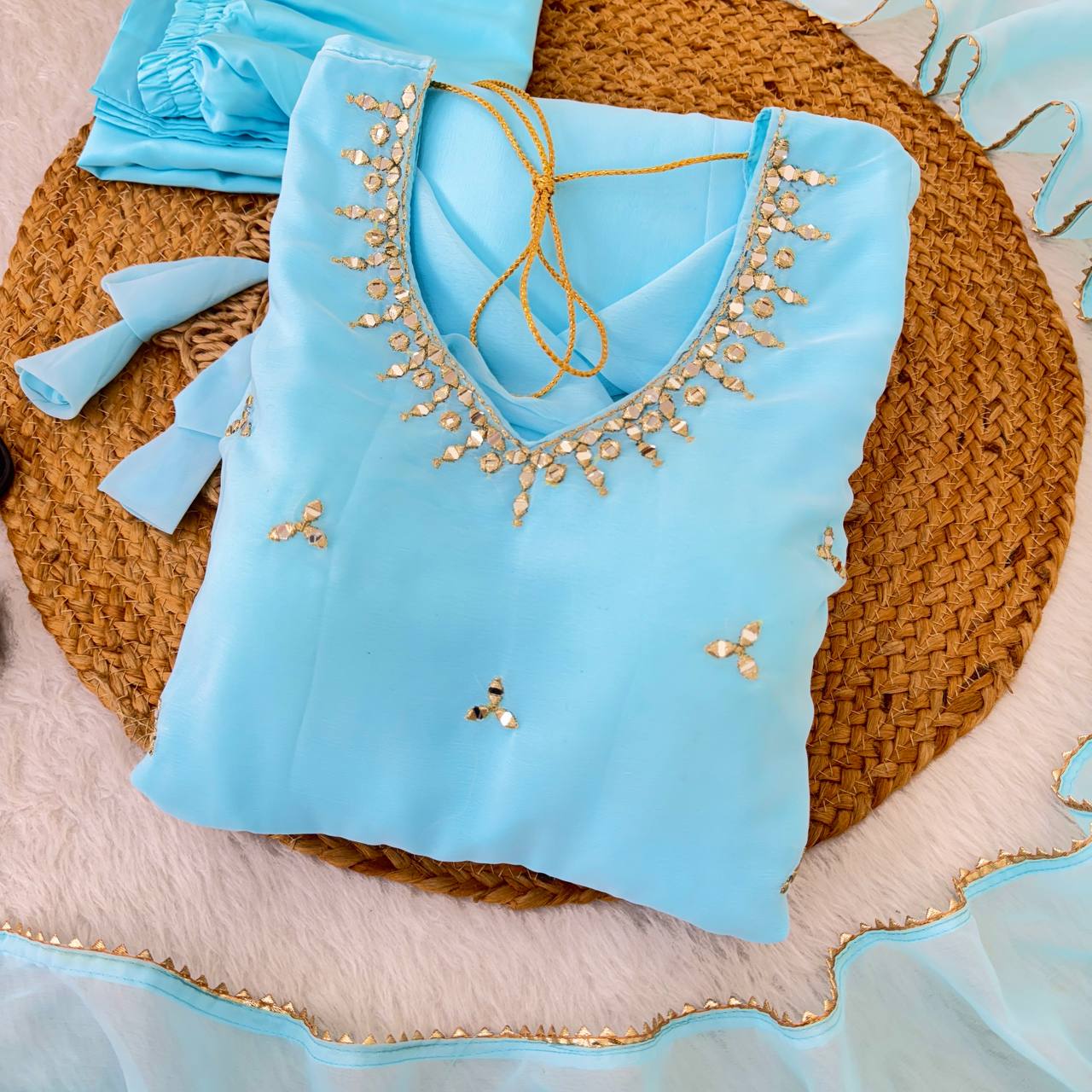 Women Empire Mirror Work Kurta with Trousers & Dupatta