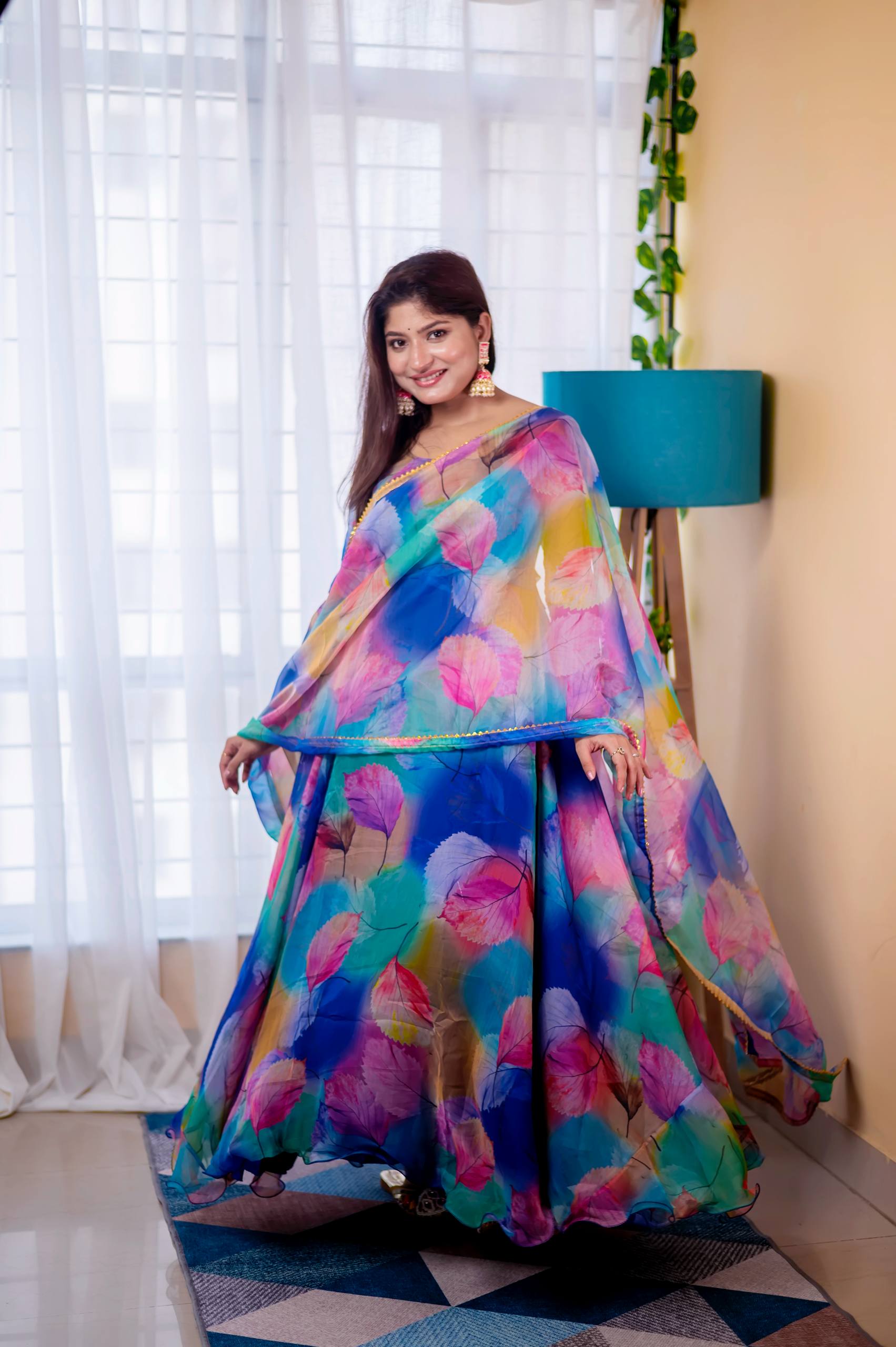 Women's Organza Anarkali Floral Printed Kurta Pent Set with Dupatta Set Anarkali Kurti for Women