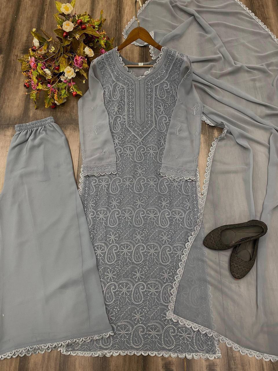 New Dusty Grey Trend Chikankari special Ethnic Set