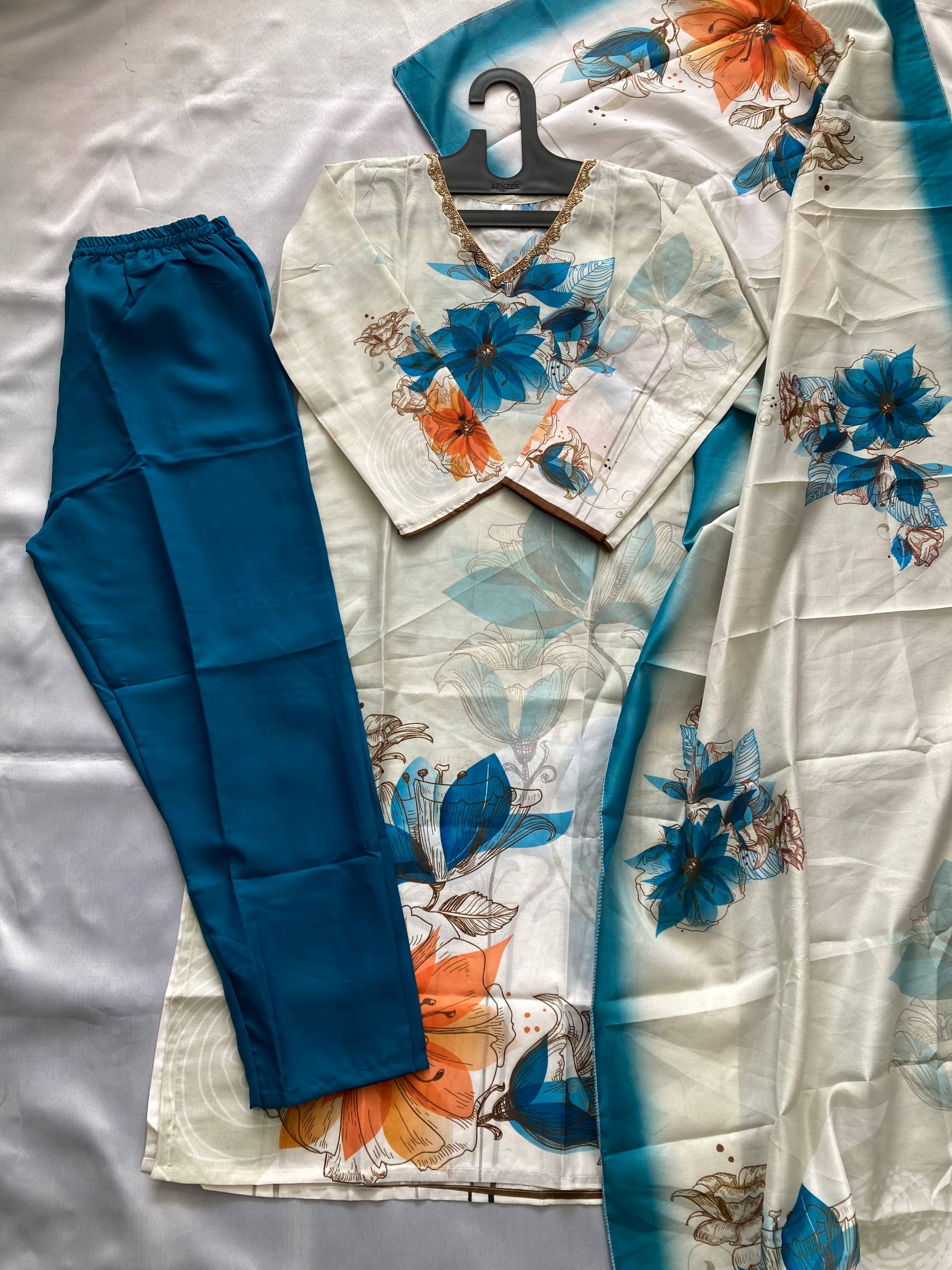 Suzuki Floral Printed V-Neck Straight Kurta With Trousers & Dupatta