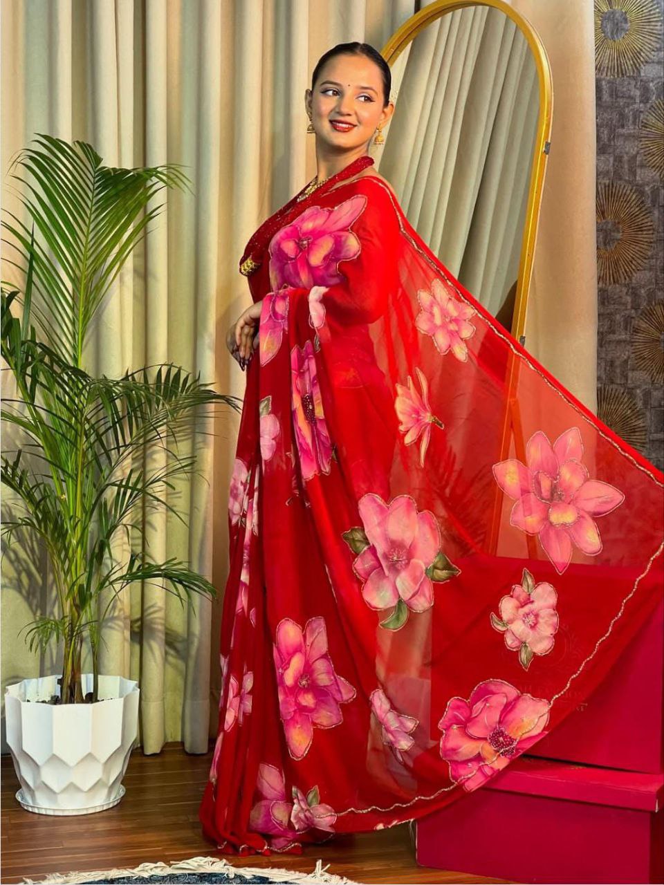 Soft Georgette Saree with Floral Print & Handwork Cutdana with Raw Silk Blouse