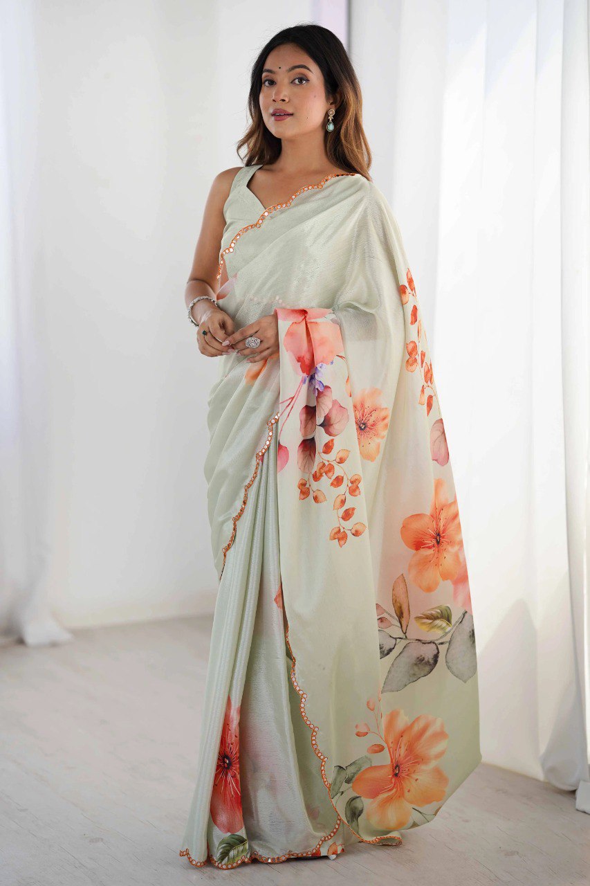 Heavy Georgette Silk Printed Saree with Mirror Work Border & Unstitched Blouse