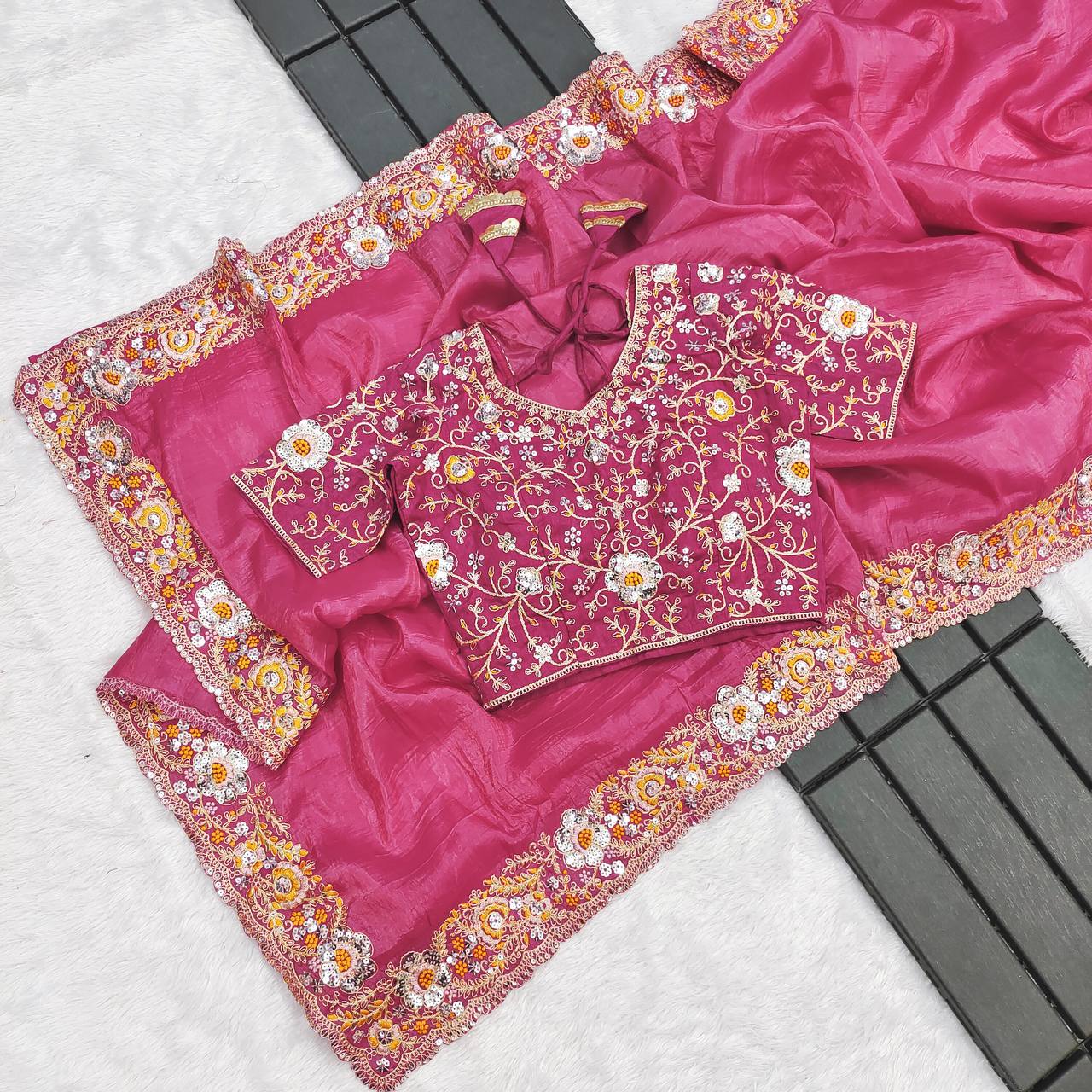 Premium Gold Crush Silk Saree with Heavy Embroidery & Sequins Work