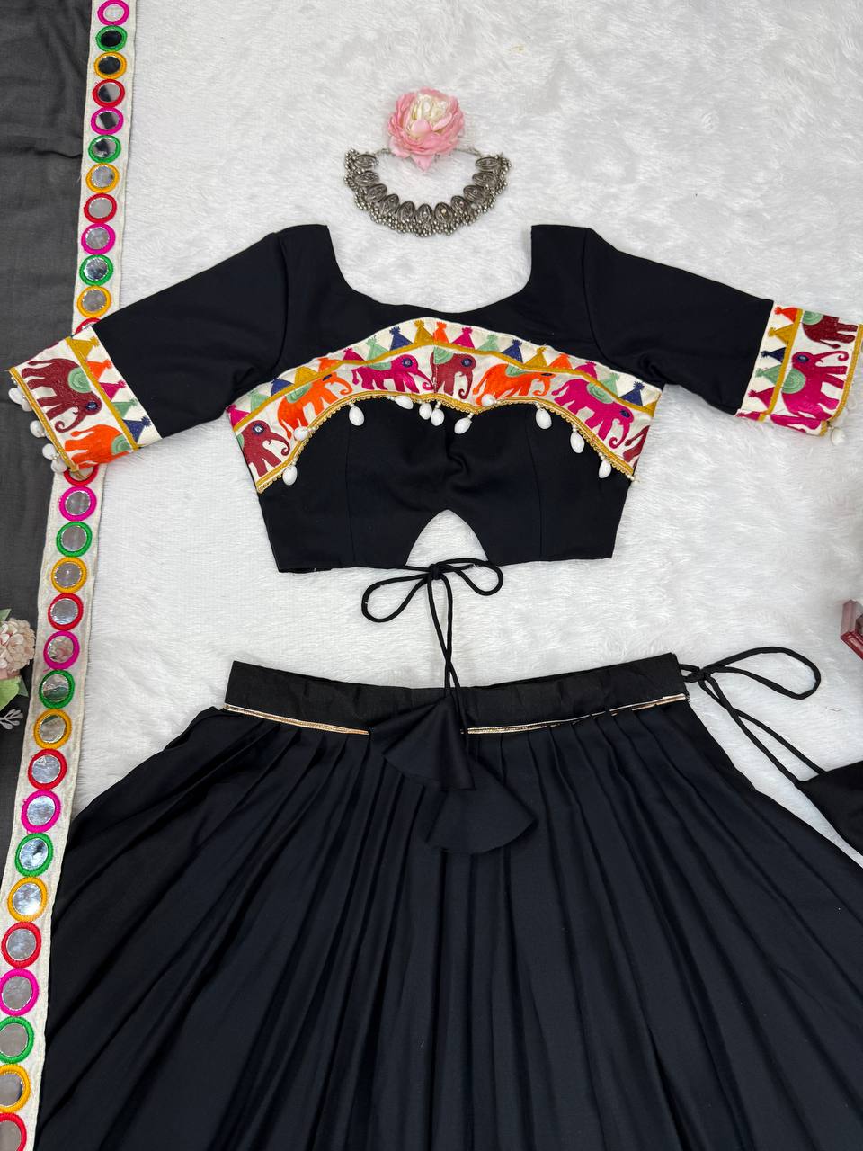 Black Heavy Rayon Lehenga with Gamthi, Real Mirror & Tassel Work