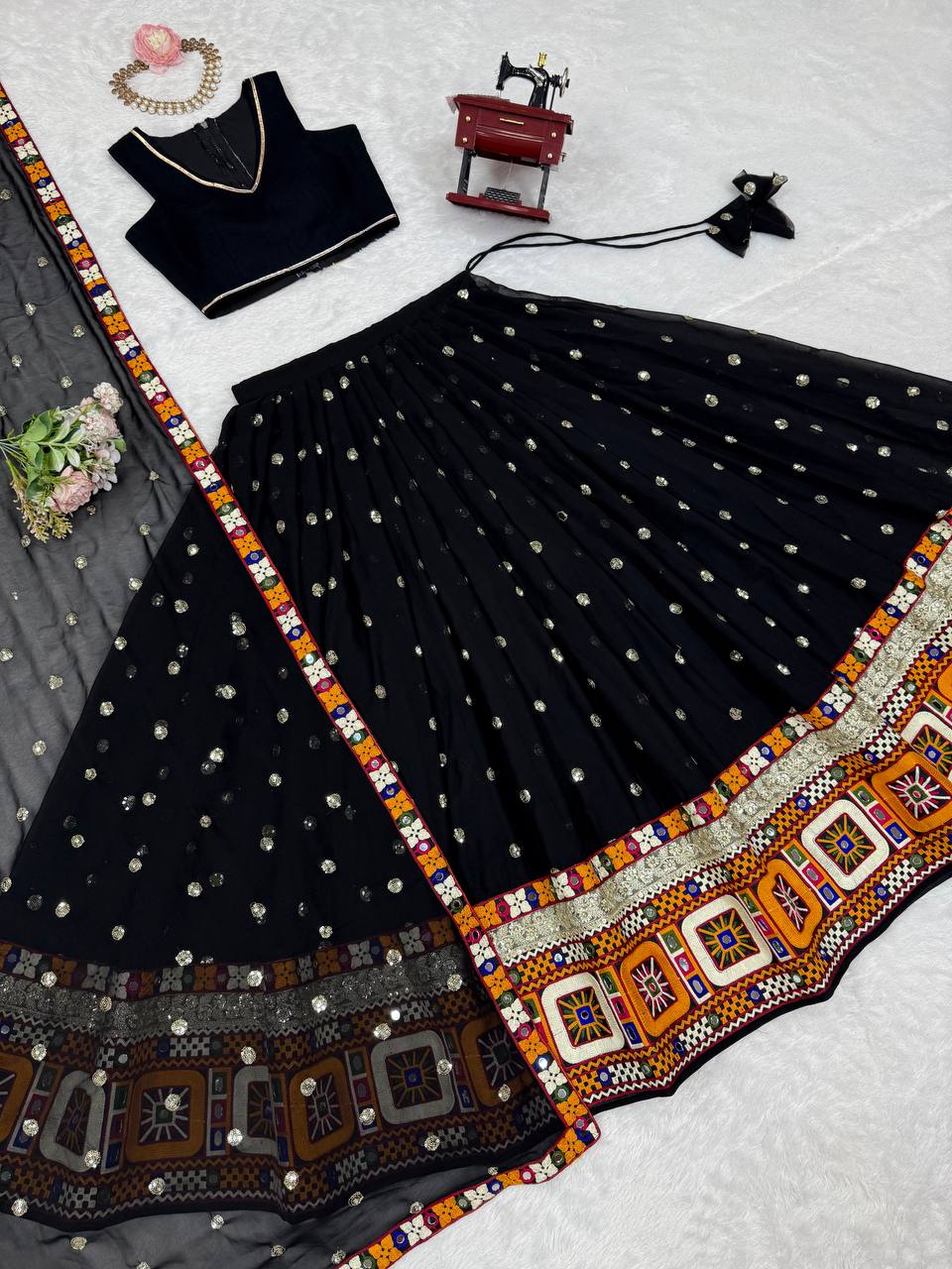 Black Designer Faux Georgette Lehenga Choli Set with Real Mirror & Chain Stitch Work