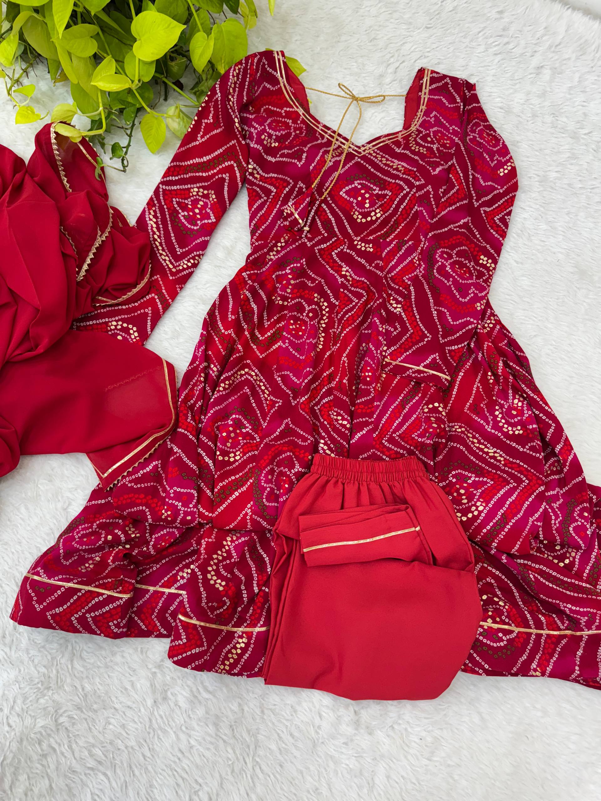 Bandhani Printed Sweetheart Neck Anarkali Kurta With Trousers & Dupatta