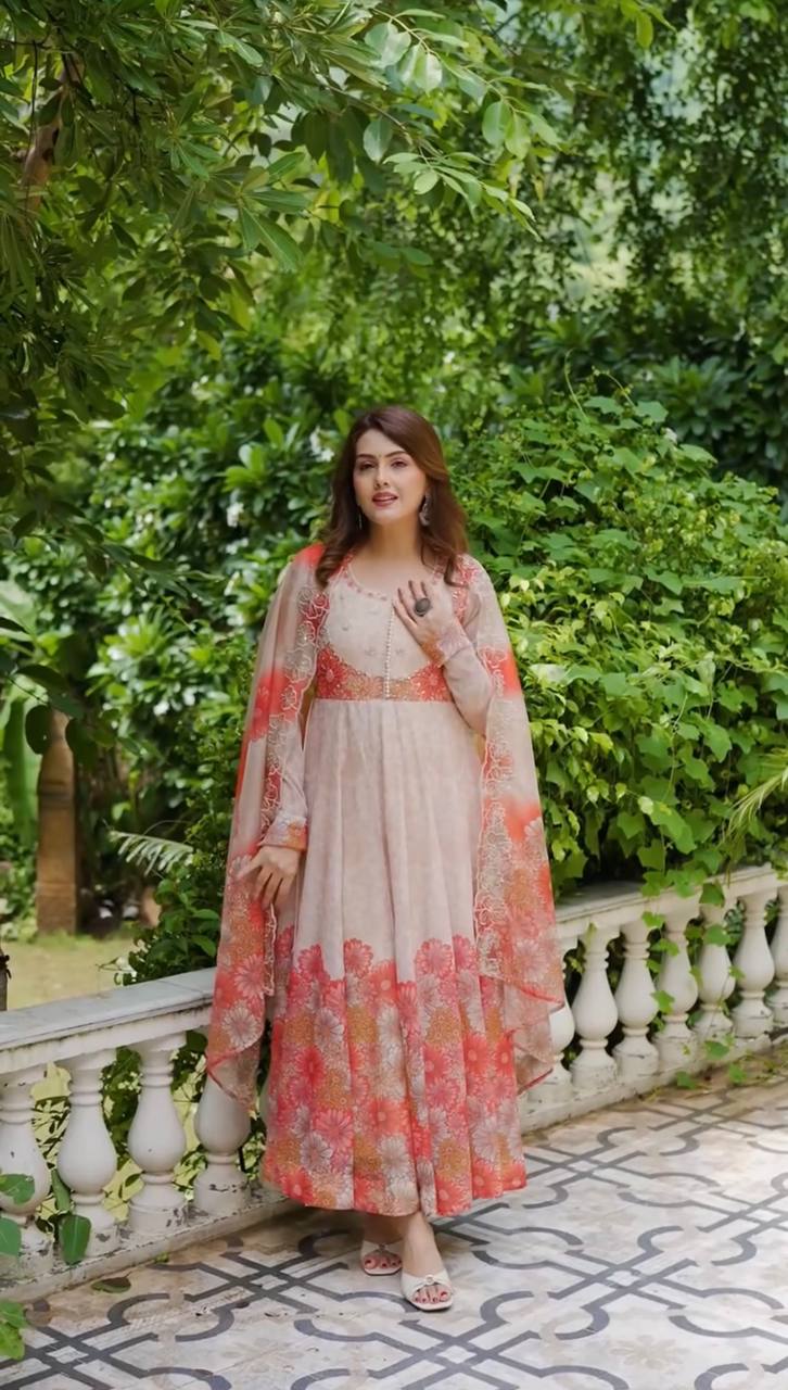 Designer Tebby Organza Gown Set with Embroidery, Digital Print & Dupatta