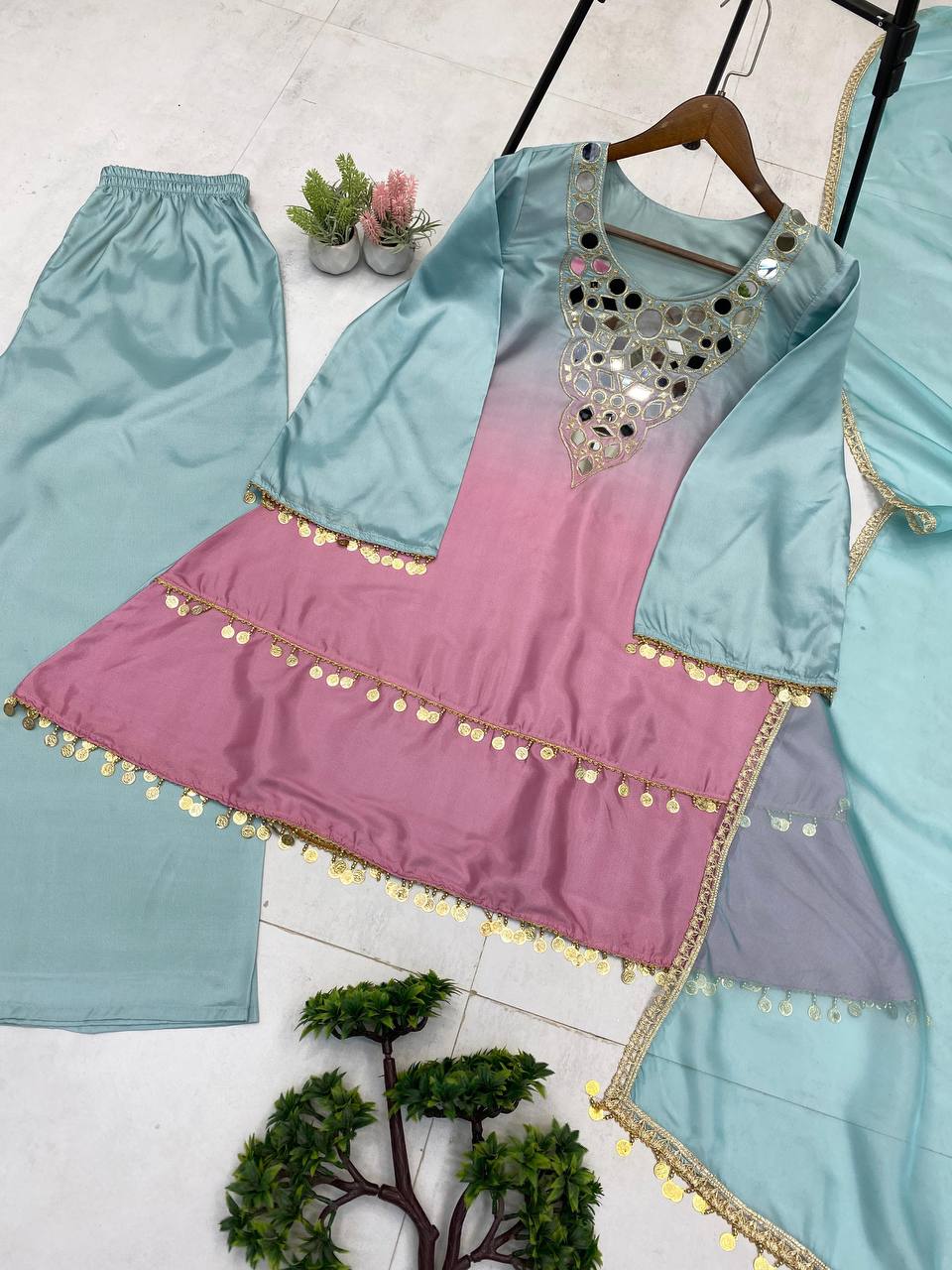 Exclusive 3-Piece Plazzo Set with Dupatta – Printed Crape Silk & Mirror Embroidery Work
