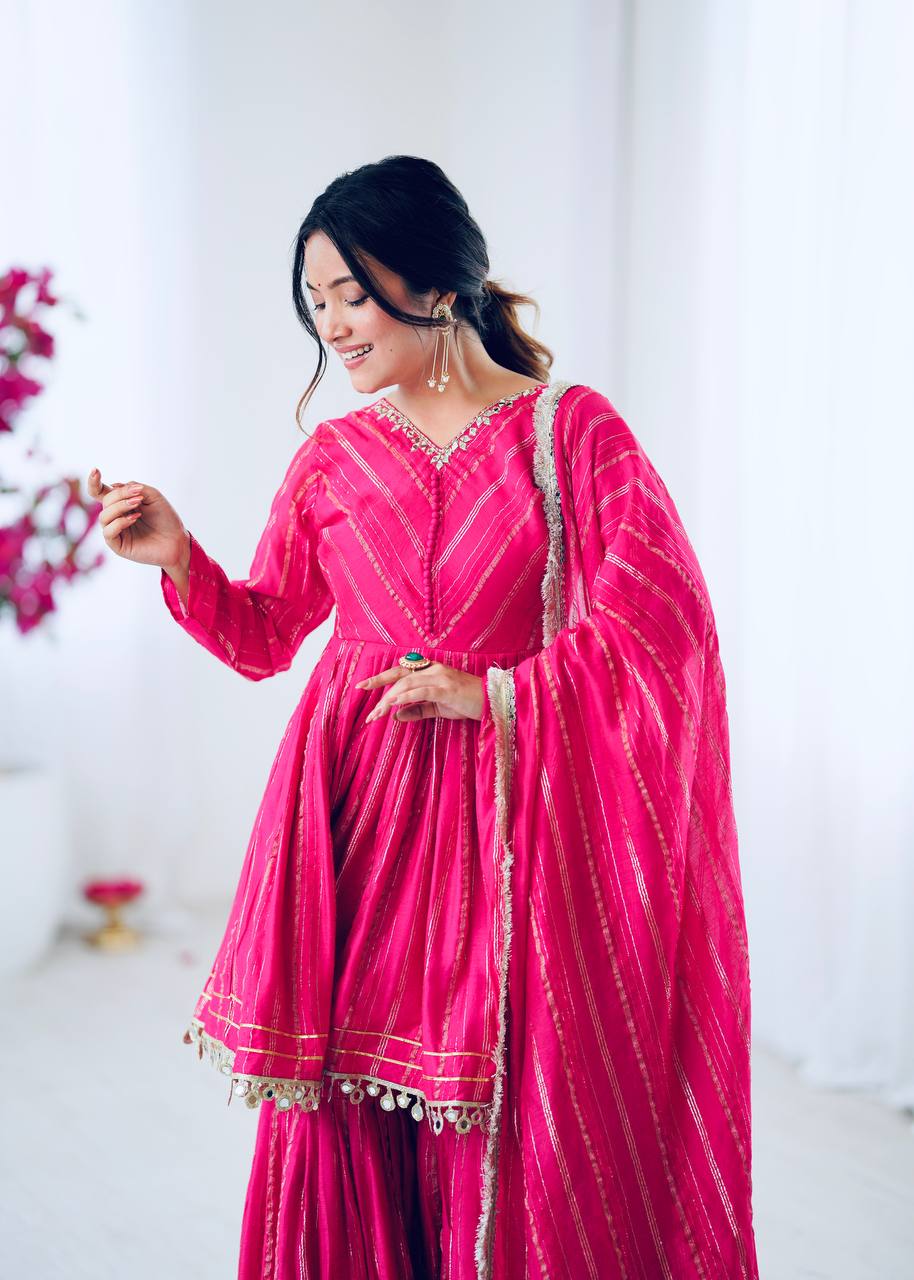 Designer Mal Chanderi Top with Sharara Plazzo & Dupatta – Mirror Work & Hand Embroidery