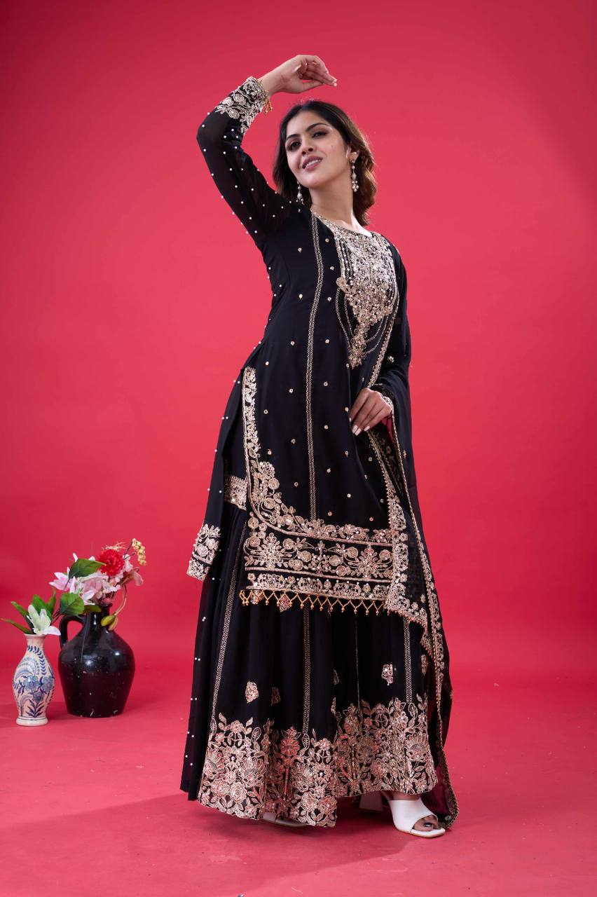 Designer Faux Georgette Top & Plazzo Set with Dupatta – Heavy Embroidery, Dori & Sequence Work