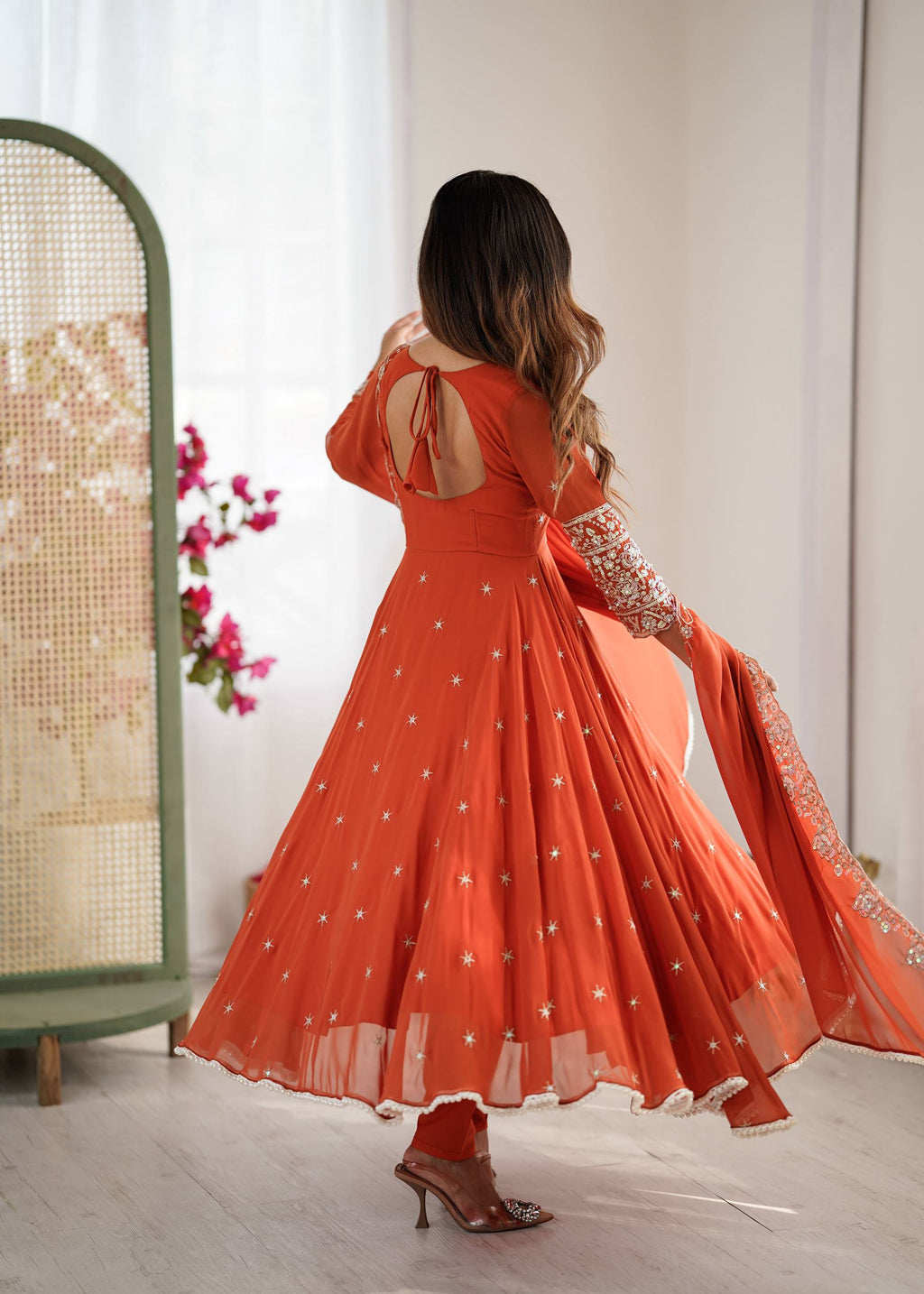 Anarkali Gown Set with Bottom & Dupatta – Heavy Embroidery, Rainbow Sequence & Moti Work