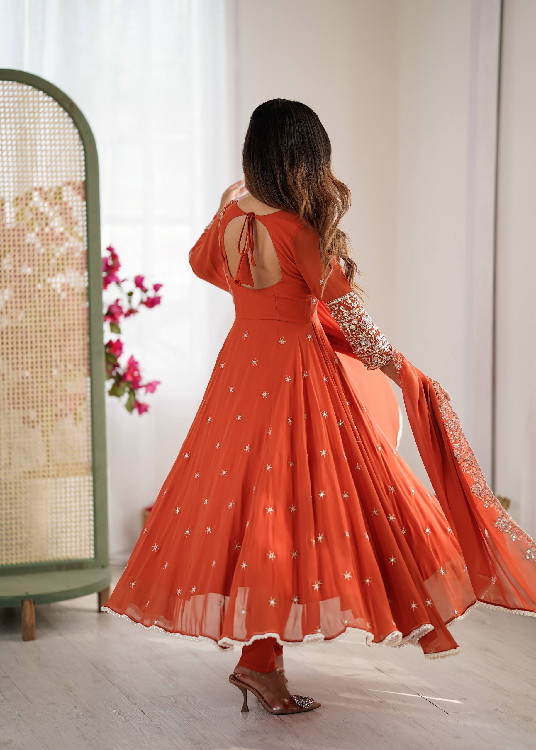 Anarkali Gown Set with Bottom & Dupatta – Heavy Embroidery, Rainbow Sequence & Moti Work