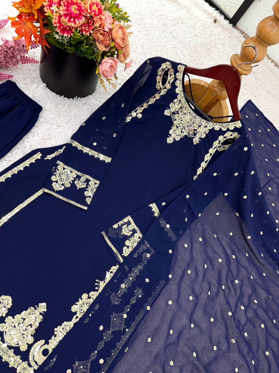 Designer Faux Georgette Top & Bottom Set with Dupatta – Heavy Embroidery & Sequence Work