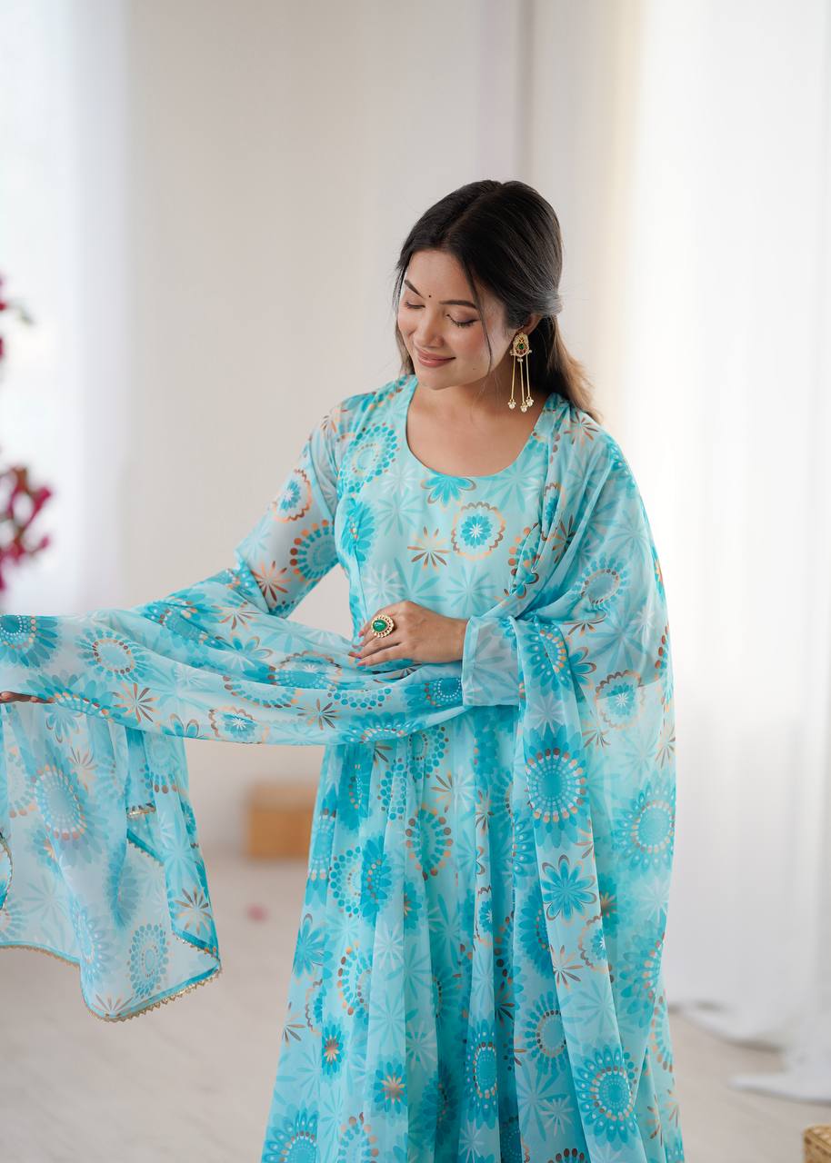 Womens Blue Printed Anarkali Kurta With Trousers & Dupatta