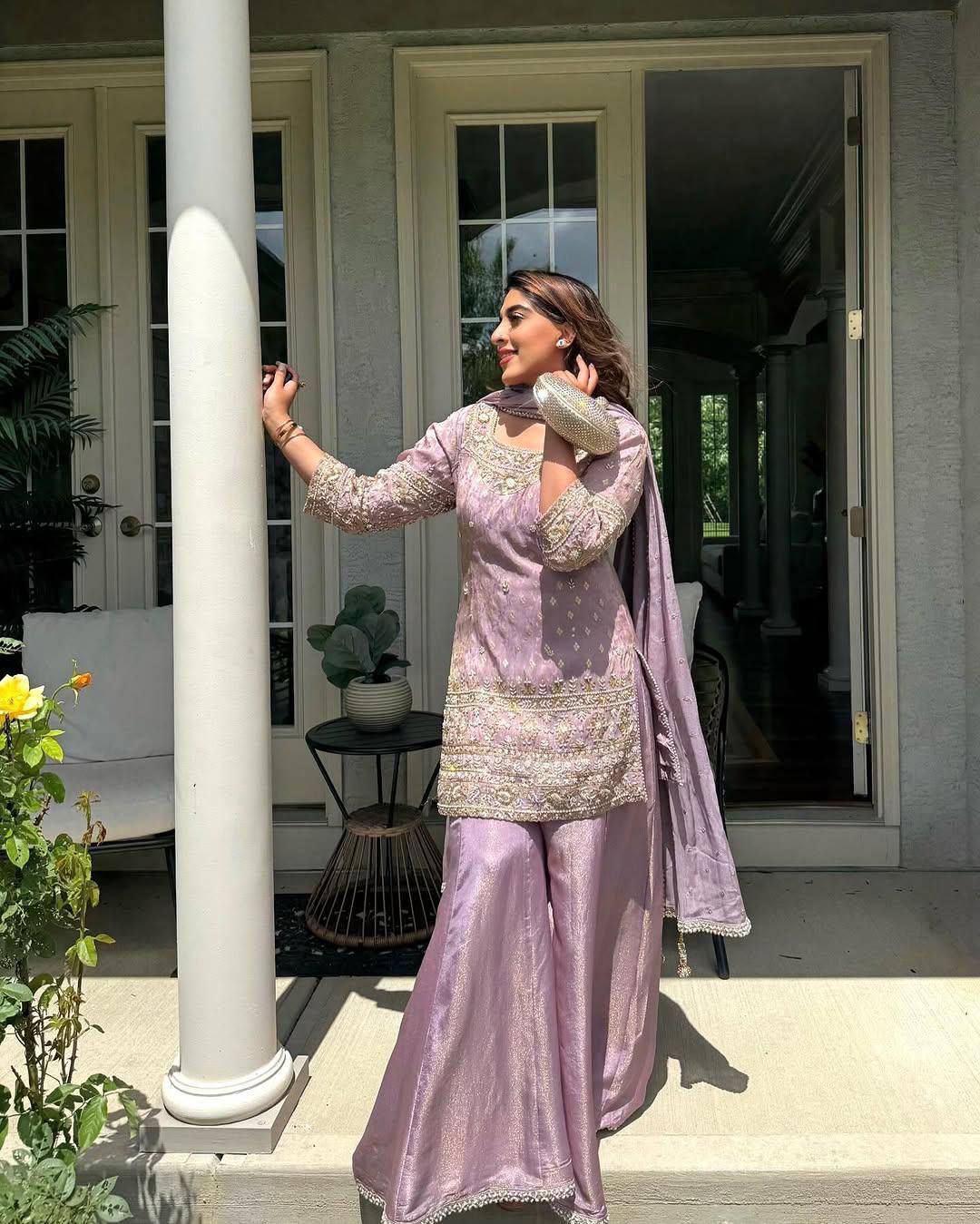 Premium Baby Pink Cosmos Silk Sequin & Zari Work Palazzo Set