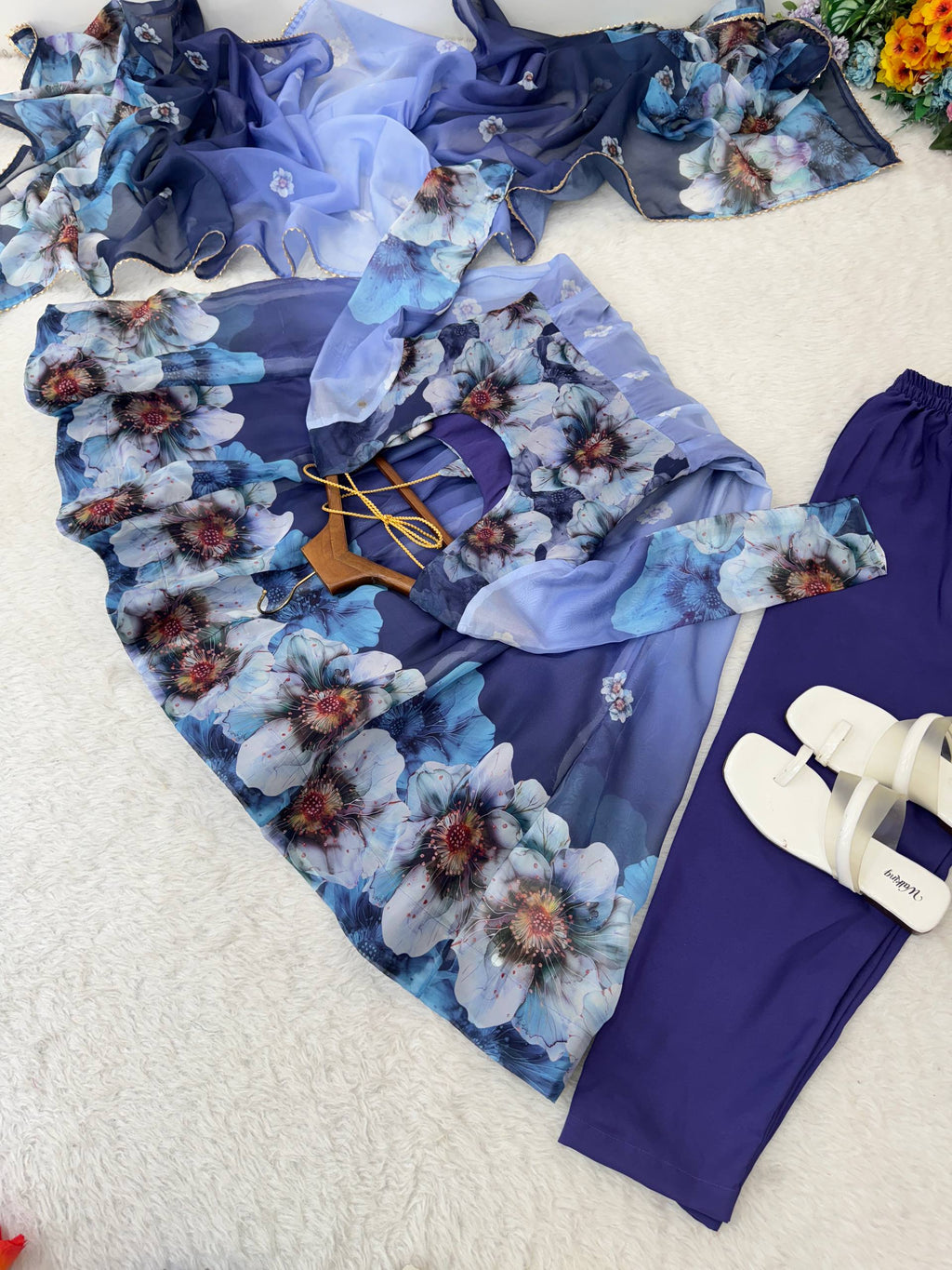 Organza Blue Festival Wear Digital Print Work Readymade Gown