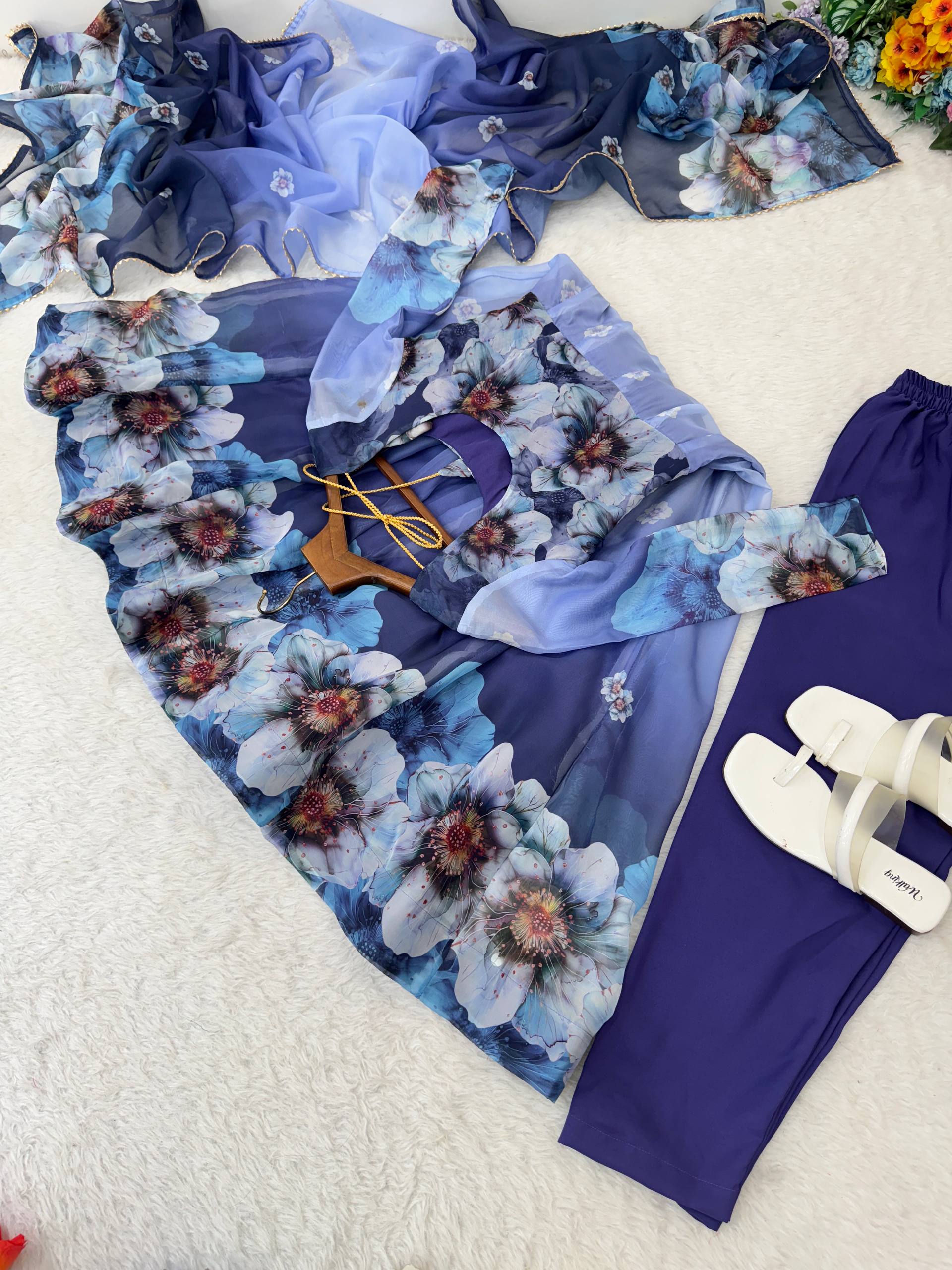 Organza Blue Festival Wear Digital Print Work Readymade Gown