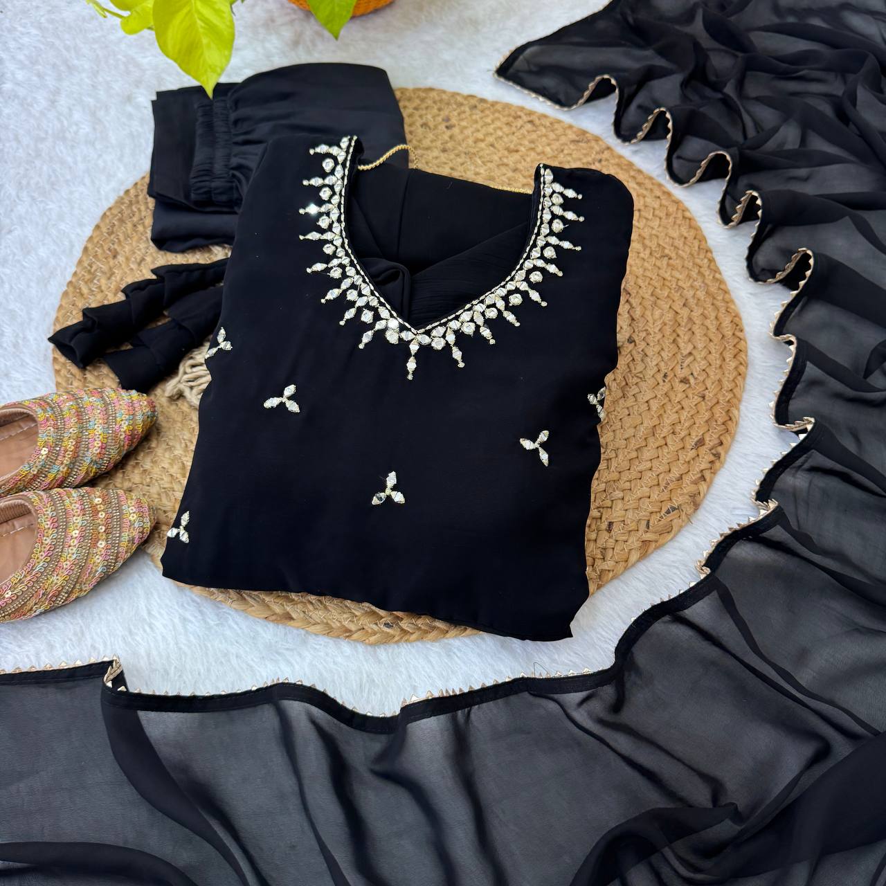 Women Empire Mirror Work Kurta with Trousers & Dupatta