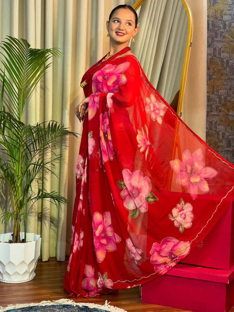 Soft Georgette Saree with Floral Print & Handwork Cutdana with Raw Silk Blouse