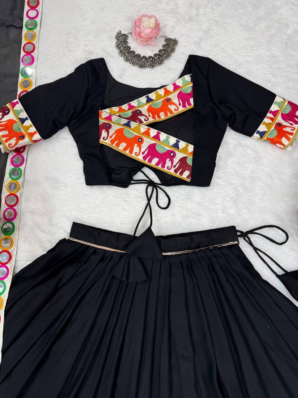 Black Heavy Rayon Lehenga with Gamthi, Real Mirror & Tassel Work