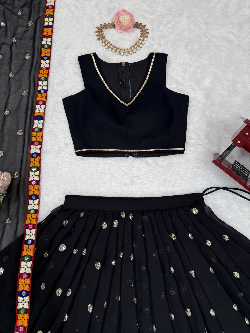 Black Designer Faux Georgette Lehenga Choli Set with Real Mirror & Chain Stitch Work