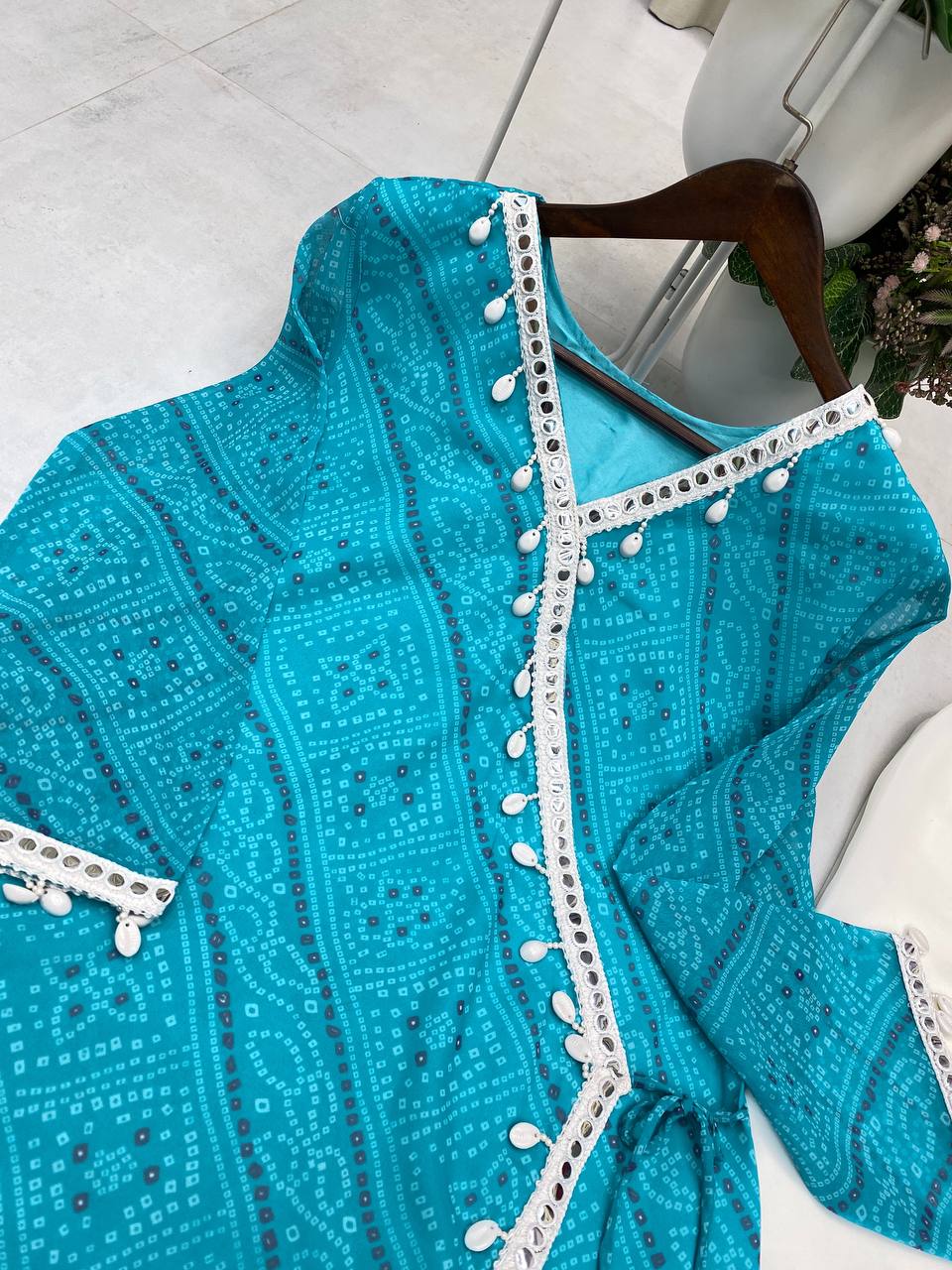 Bandhani Printed V Neck Angrakha Tunic with Solid Sharara
