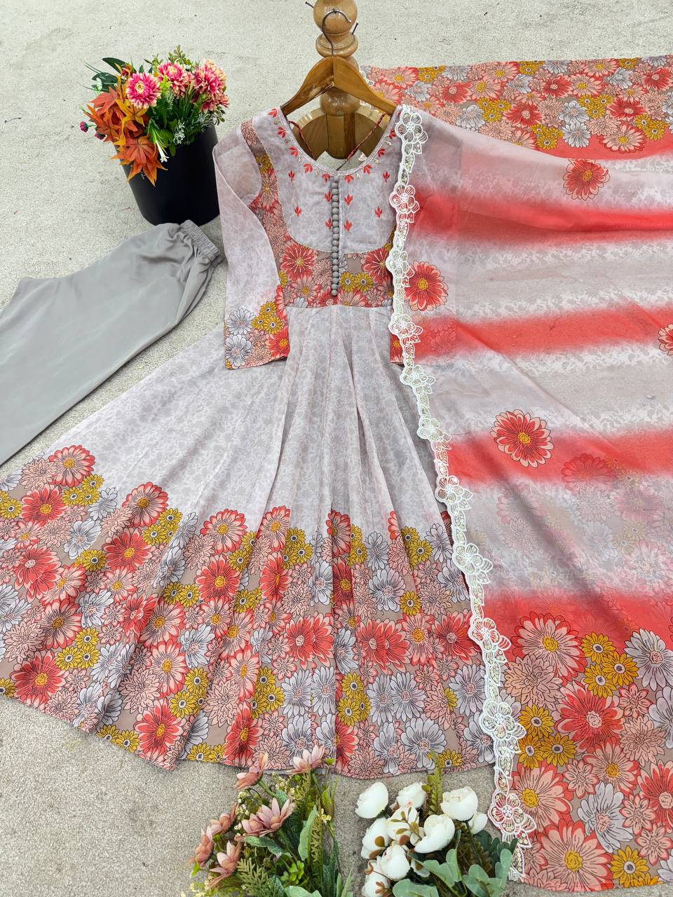 Designer Tebby Organza Gown Set with Embroidery, Digital Print & Dupatta