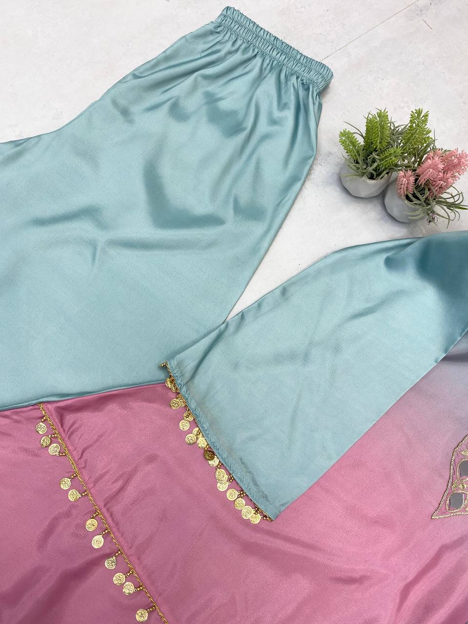 Exclusive 3-Piece Plazzo Set with Dupatta – Printed Crape Silk & Mirror Embroidery Work