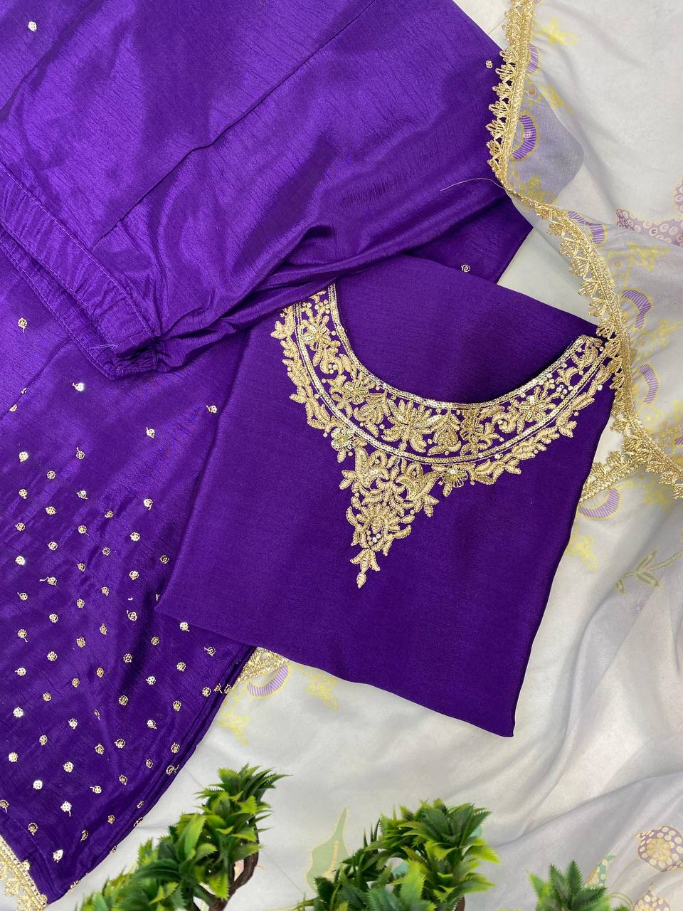 Exclusive 3-Piece Plazzo Set with Dupatta – Chinon Fabric with Sequence Embroidery