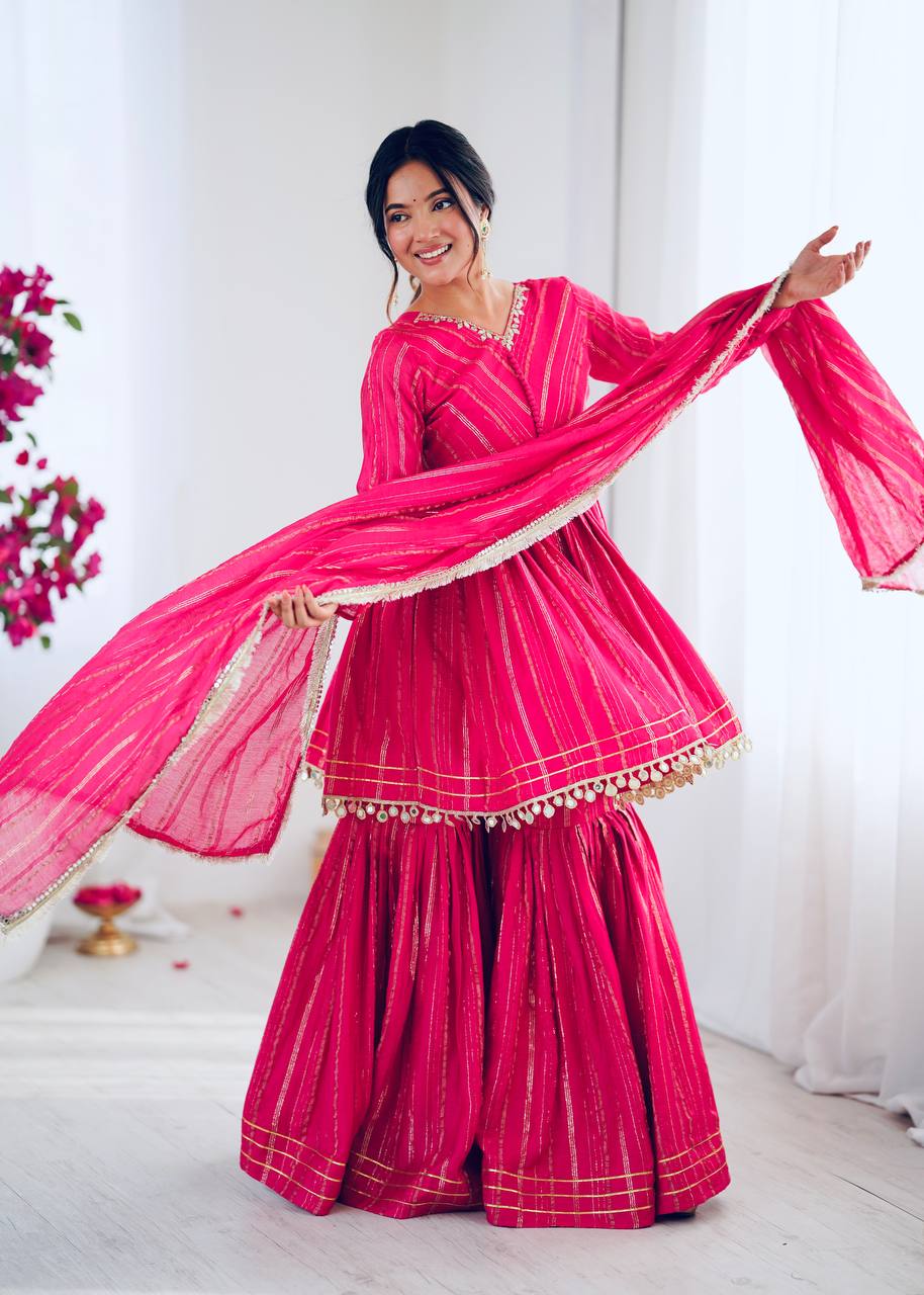 Designer Mal Chanderi Top with Sharara Plazzo & Dupatta – Mirror Work & Hand Embroidery