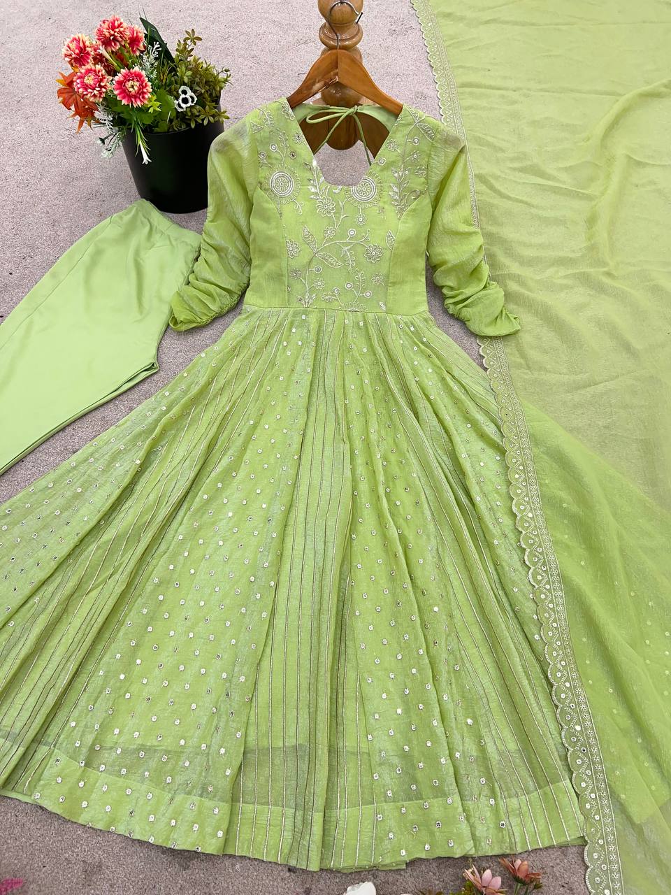 Designer Anarkali Gown Set with Pant & Dupatta – Crunchy Silk with Embroidery & Sequence Work