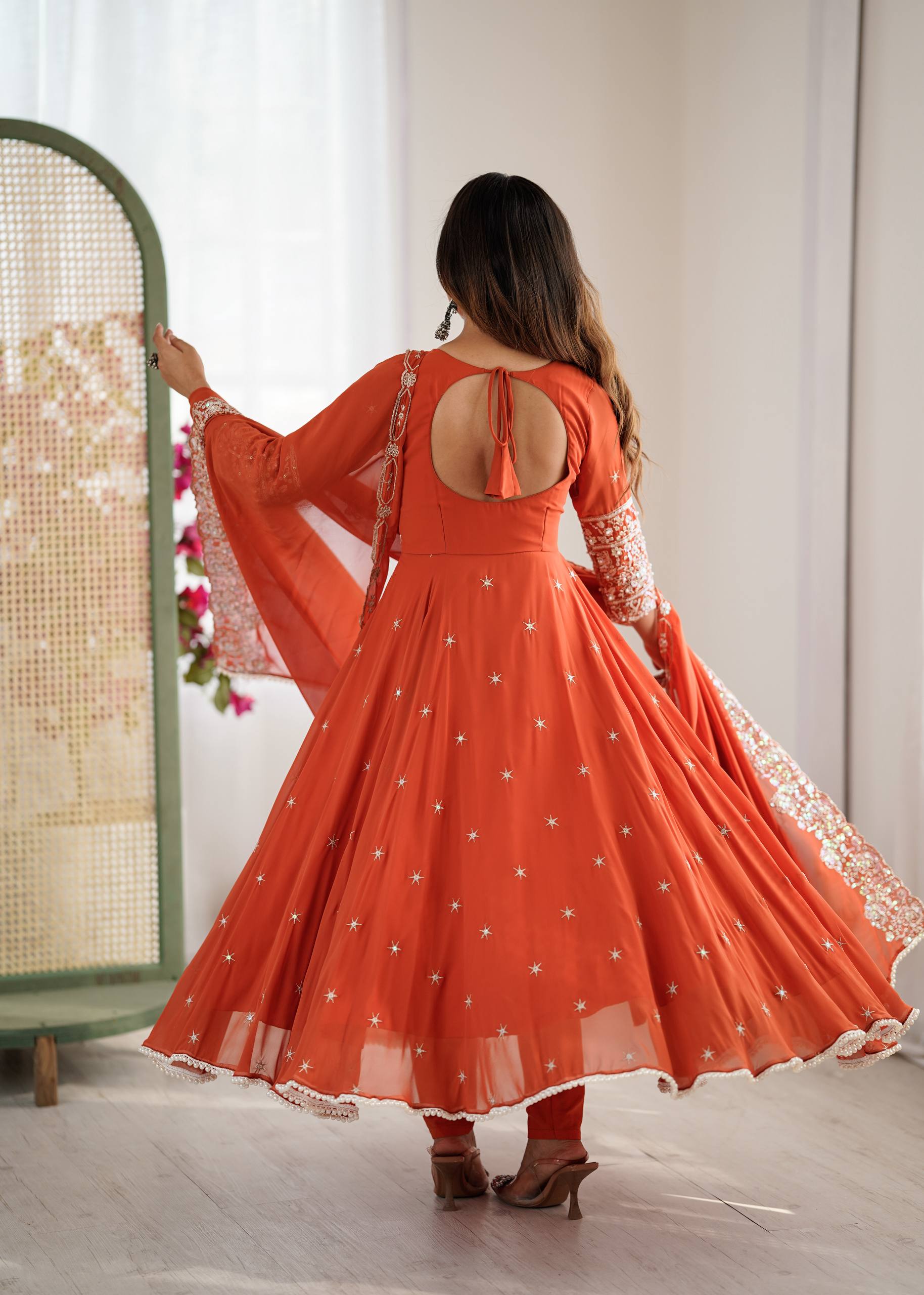 Anarkali Gown Set with Bottom & Dupatta – Heavy Embroidery, Rainbow Sequence & Moti Work