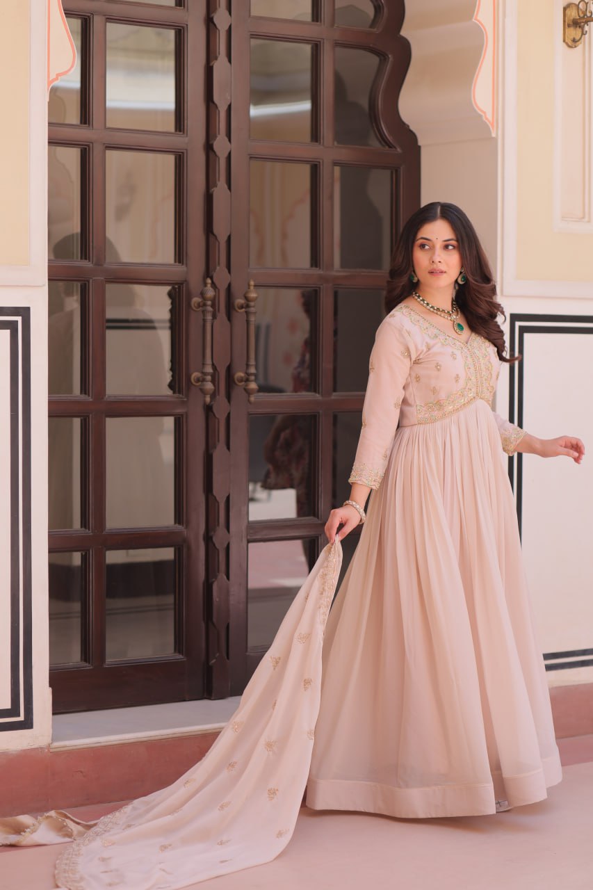 Cream Star Georgette Gown with Dupatta – Beads & Sequins Multi-Embroidery