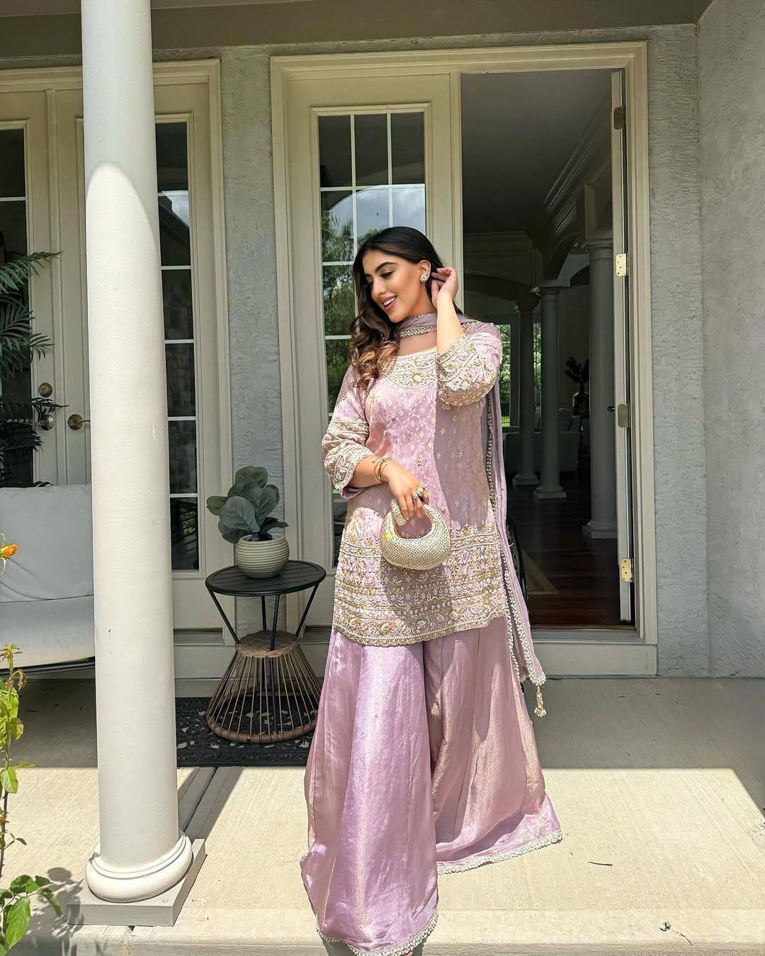Premium Baby Pink Cosmos Silk Sequin & Zari Work Palazzo Set