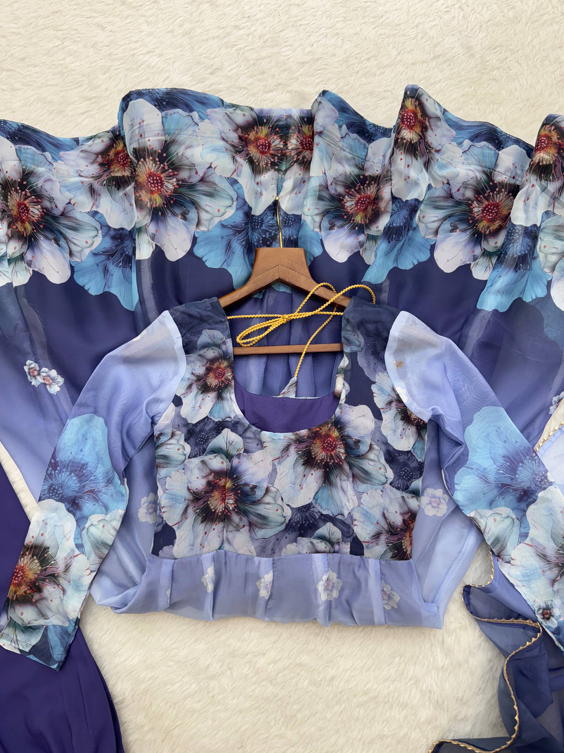 Organza Blue Festival Wear Digital Print Work Readymade Gown