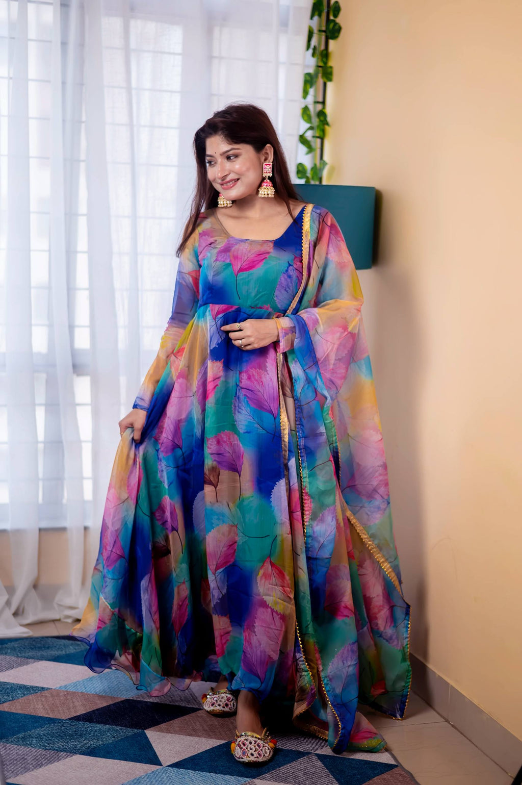 Women's Organza Anarkali Floral Printed Kurta Pent Set with Dupatta Set Anarkali Kurti for Women