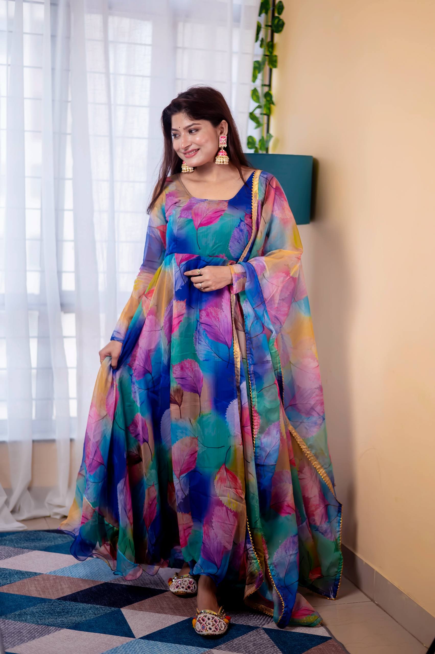 Women's Organza Anarkali Floral Printed Kurta Pent Set with Dupatta Set Anarkali Kurti for Women