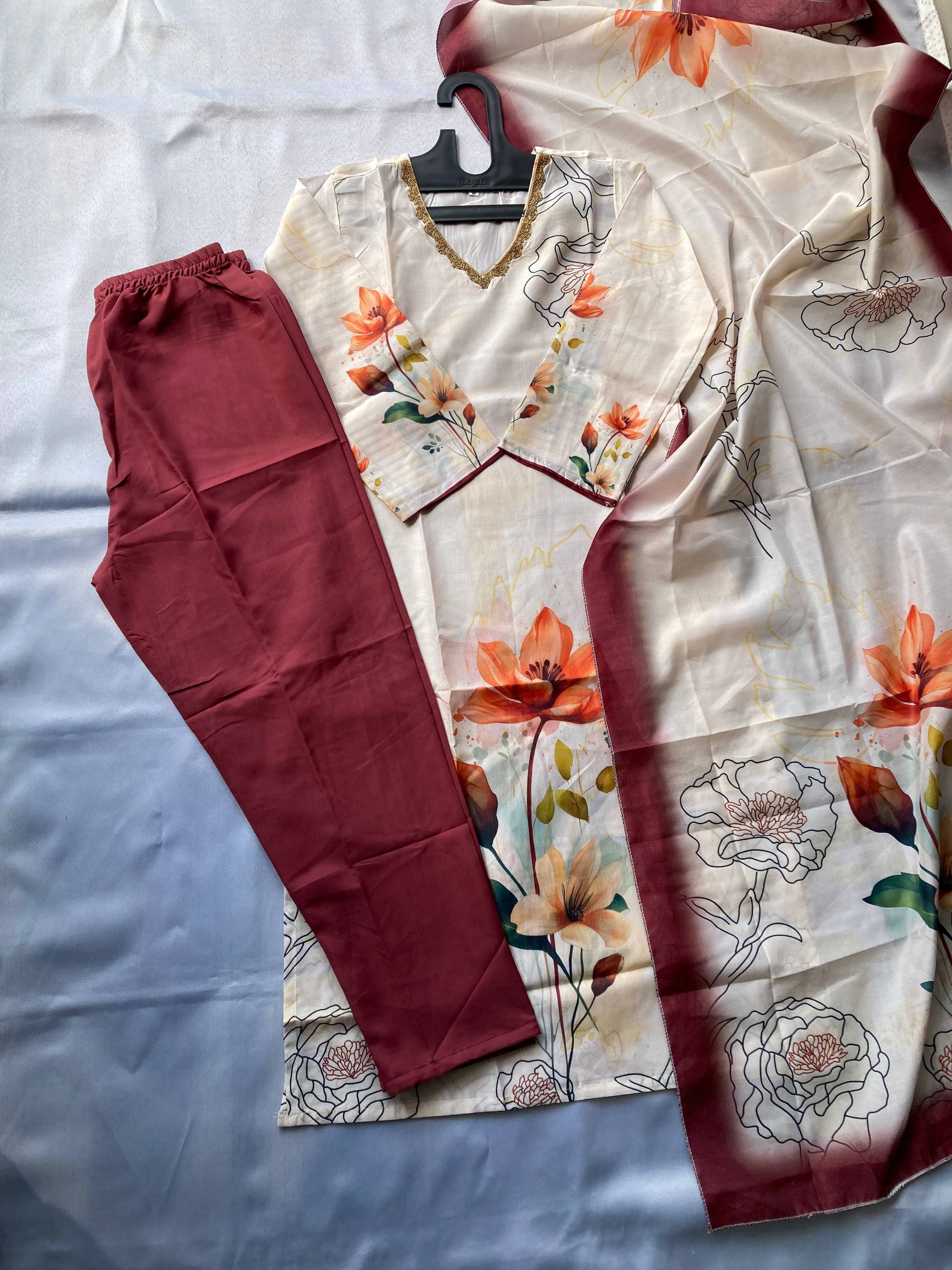 Suzuki Floral Printed V-Neck Straight Kurta With Trousers & Dupatta