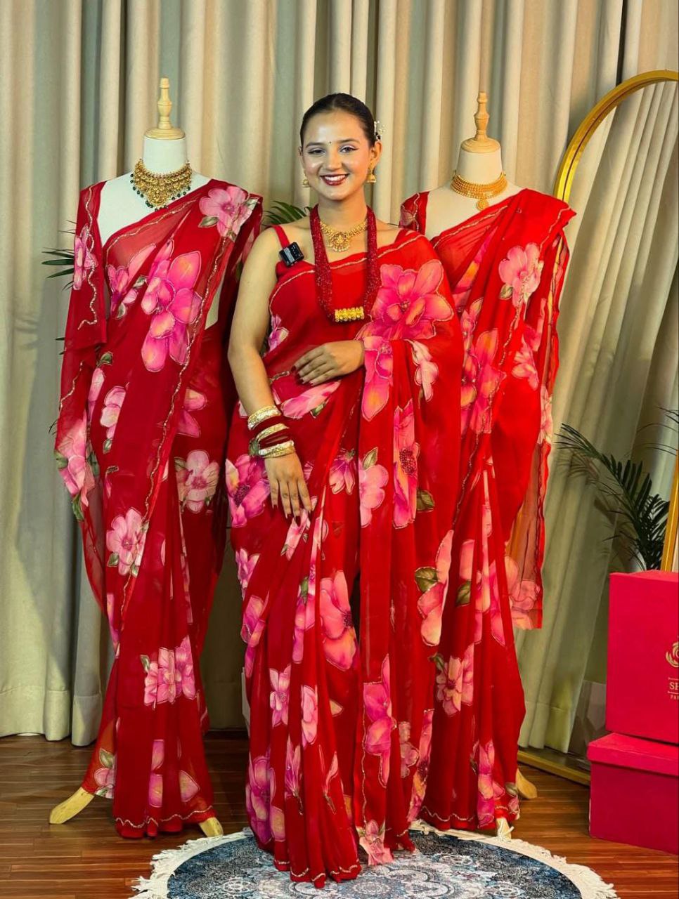 Soft Georgette Saree with Floral Print & Handwork Cutdana with Raw Silk Blouse