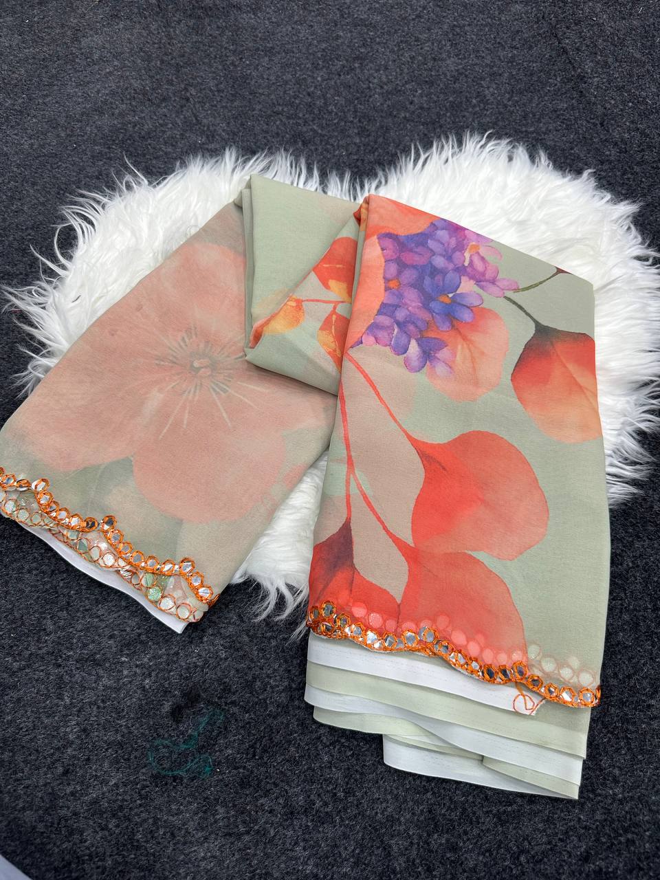Heavy Georgette Silk Printed Saree with Mirror Work Border & Unstitched Blouse